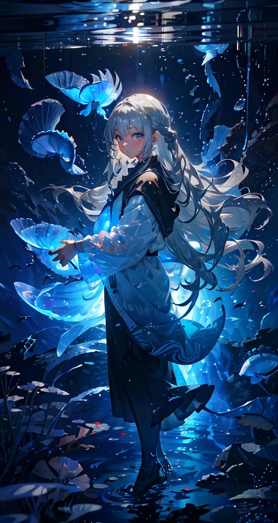 (Piece Fly), (best quality), Very detailed, 1 girl, Personal full body photo, Perfect face, beautiful girl, Very detailed顔,(Long gray hair:1.5),(blue eyes:1.4),(Flowing hair:1.4),(In the water:1.4),sink,school of fish,Light,jellyfish,Seaweed,Redfish,of fish,deep sea,fantasy