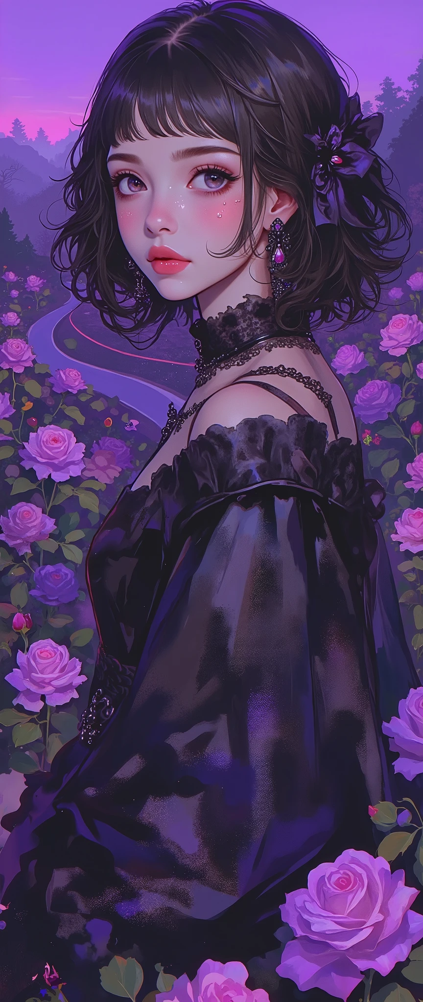 (Masterpiece:1.2),( best quality ),( very detailed),( best illustrations),8k,,16k,wallpaper, beautiful woman with sweat on her face, gothic fashion ,whole body,(I'm taking a walk along the road where countless black roses bloomed:2.0), vector art,(Purple Background:2.0),( upper body up:2.0)
