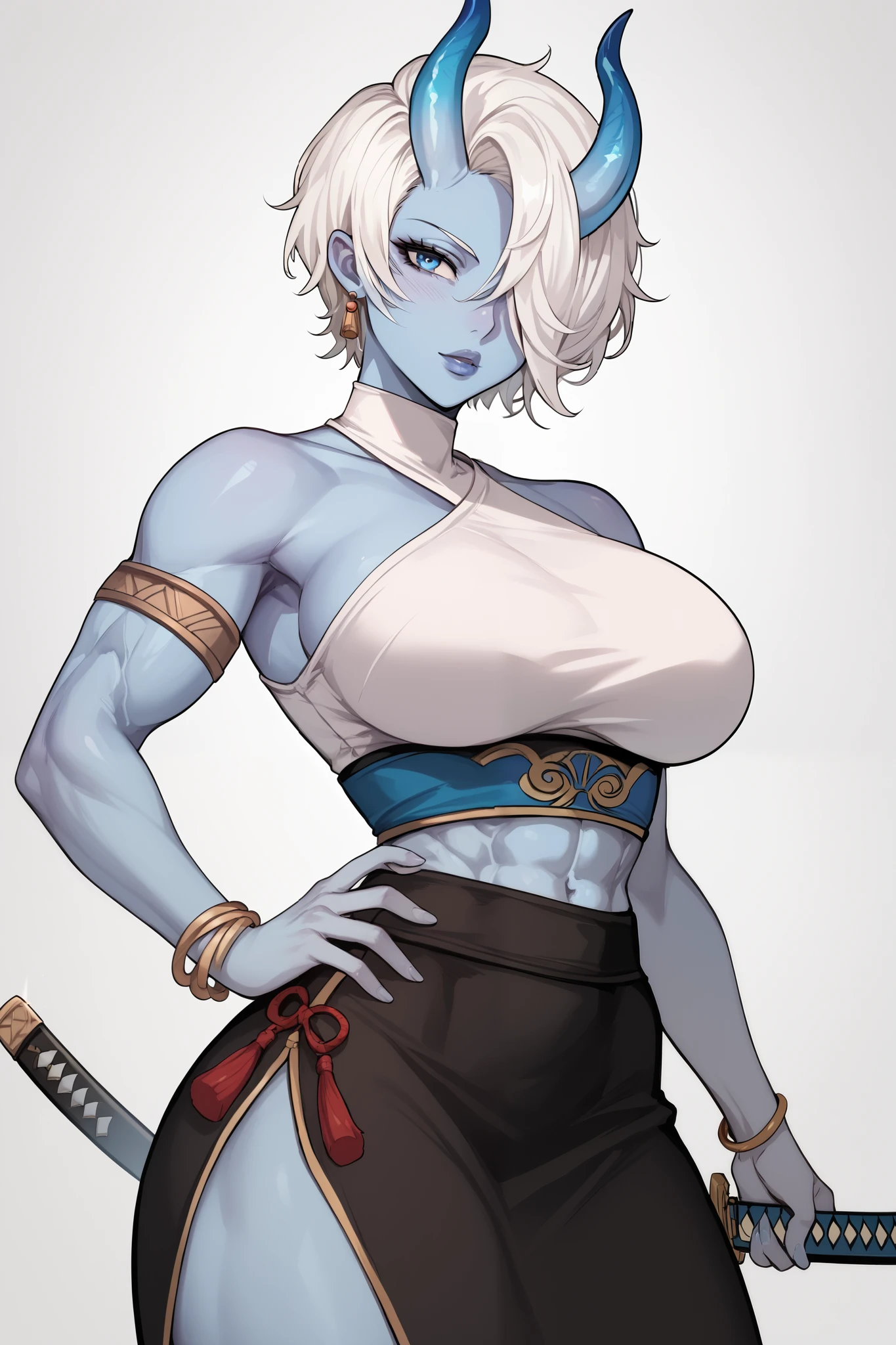 Mature woman, blue skin,white hair, short hair, hair covering right eye, Blue eyes,Black scleral,Just a horn , muscular, blue horns, katana at waist, skirt, top, tribal style, curvy body que,anime style,Alien Race