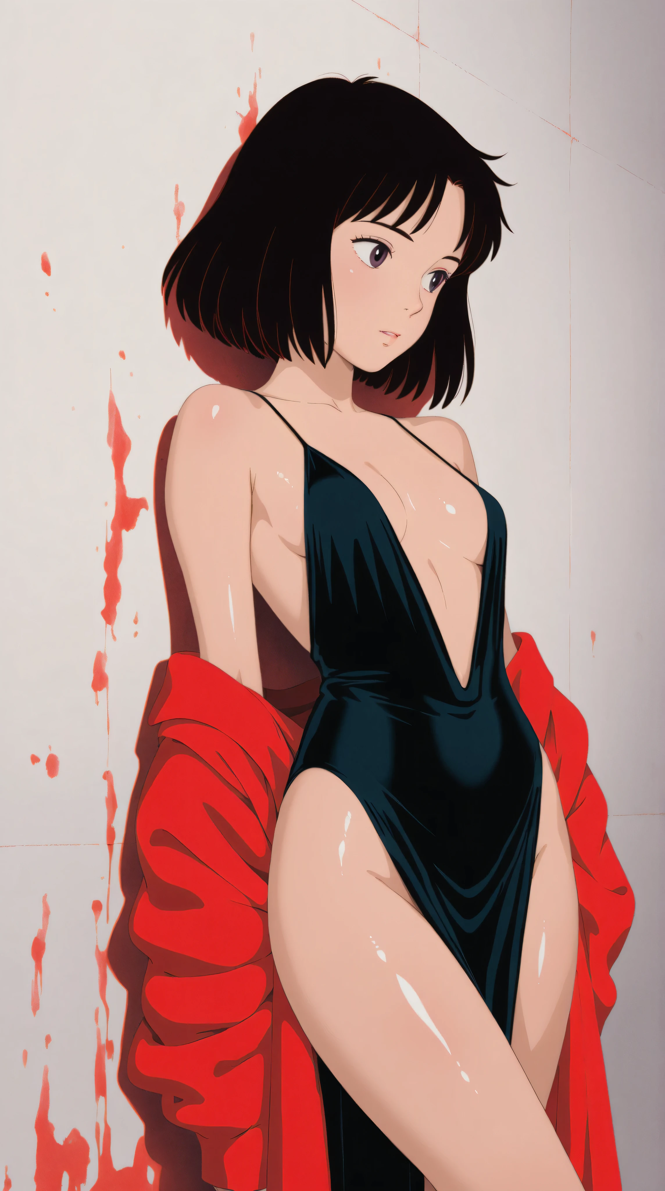 Kizi，Highly detailed, Amazing work，Vitreous luster,((clean backdrop))，In black，(((red colors)))，white color，Best quality at best，clean backdrop, shiny skin, goth, plunging neckline, small breasts, cleavage, ghibli, 