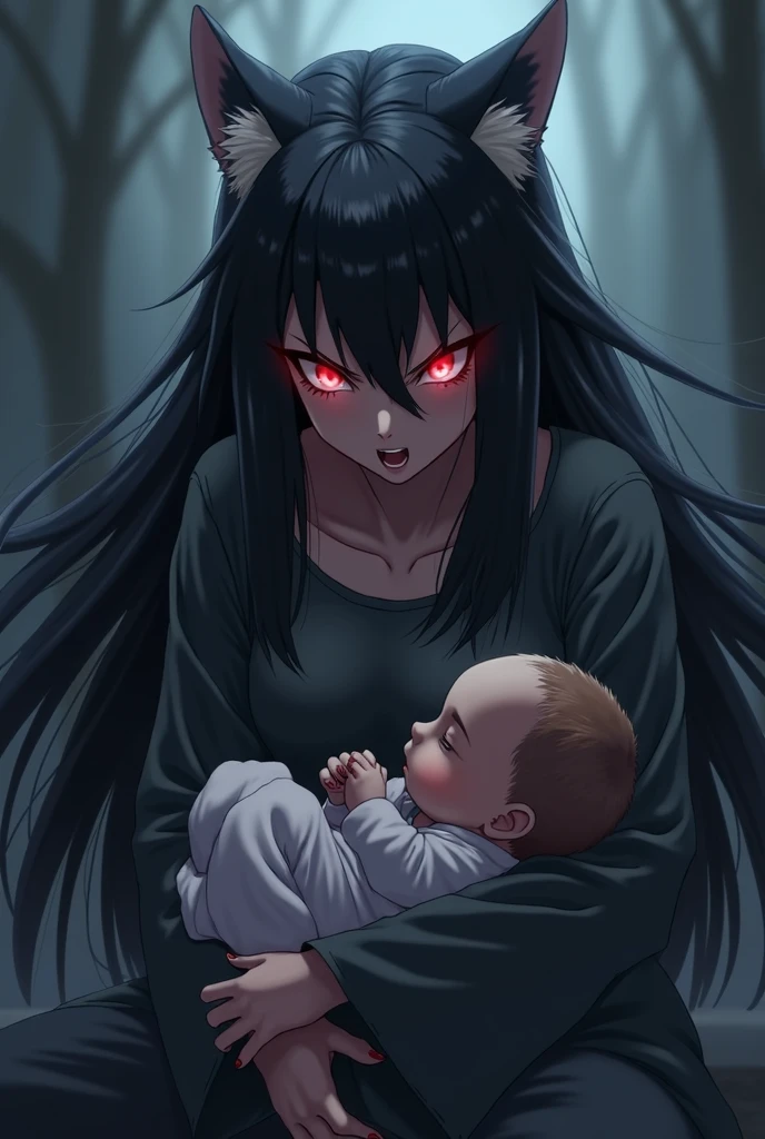 Japanese Yokai「Birds of Capture（Ubume）」Please draw。The era is the Edo period。Birds of Captureは、A ghost of a woman with long black hair that appears at night.、The image shows her breastfeeding her baby while getting wet in the rain.。She has a pale and sad face、Wearing white funeral clothes。hair is long and messy。Set the background as a dark and spooky forest and an old abandoned shrine。Create an overall sad and mysterious atmosphere.。