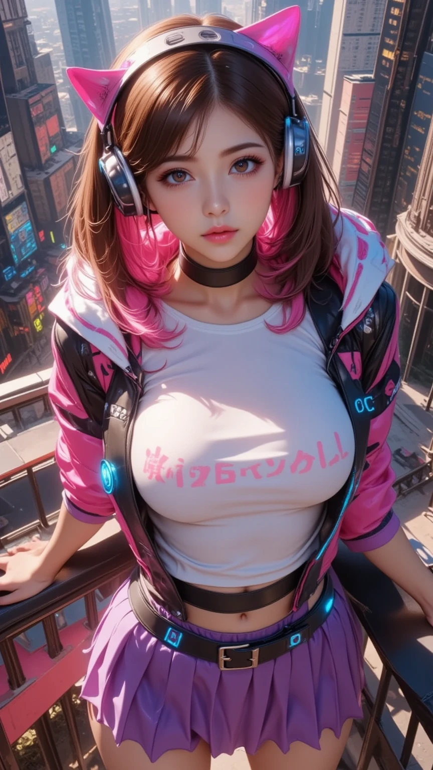 PERFECT MASTERPIECE, EXTREMELY DETAILED CG UNITY 32K UHD QUALITY RESOLUTION WALLPAPER, PHOTOREALISTIC, RAW PHOTO, PERFECT PHOTOGENIC CLARITY, OFFICIAL ART, AWARD-WINNING PORTRAIT, ULTRA HYPER-REALISTIC, ULTRA HYPER-DETAILED, SHINY REALISTIC SKIN, RAY TRACING, UNREAL ENGINE 5.8K, GLOWING AMBIENT LIGHT, The most beautiful and sexy punk rock girl, very long pink hair in pigtails, vibrant moonlight eyes, long detailed eyelashes, blushing, full pouting pink lips, curvy body type, full hips, accentuated super huge enormously gigantic , cleavage showing(headphones Harajuku-inspired hooded tech jacket graphic t-shirt and torn skinny jeans, standing spreading her legs open, sexy seductive slutty pose:1.3), looking at the viewer, close up pov camera view, sexy seductive slutty facial expression, downtown city background 