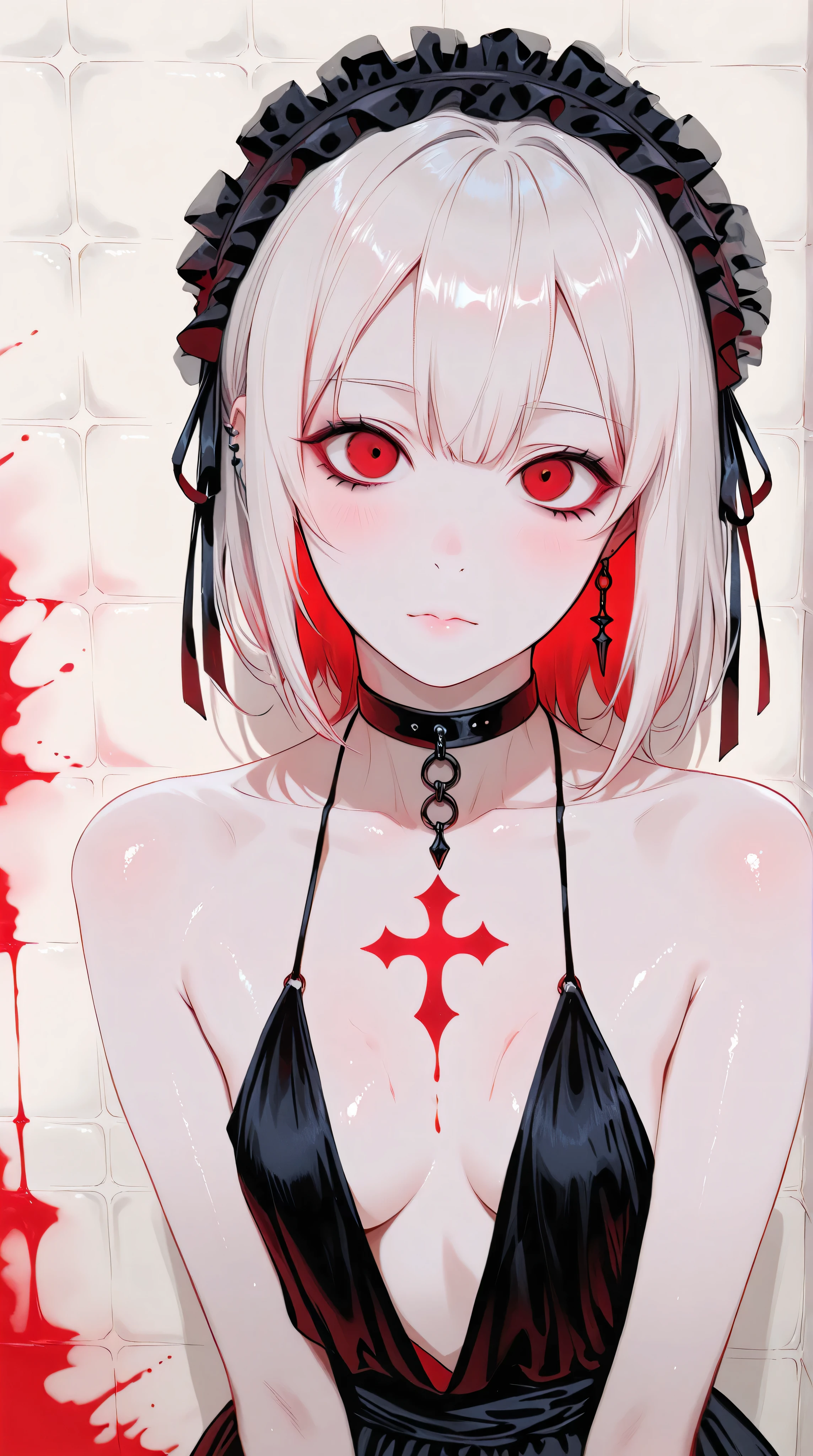 Kizi,Highly detailed, Amazing work,Vitreous luster,((clean backdrop)),In black,(((red colors))),white color,Best quality at best,clean backdrop, shiny skin, goth, plunging neckline,