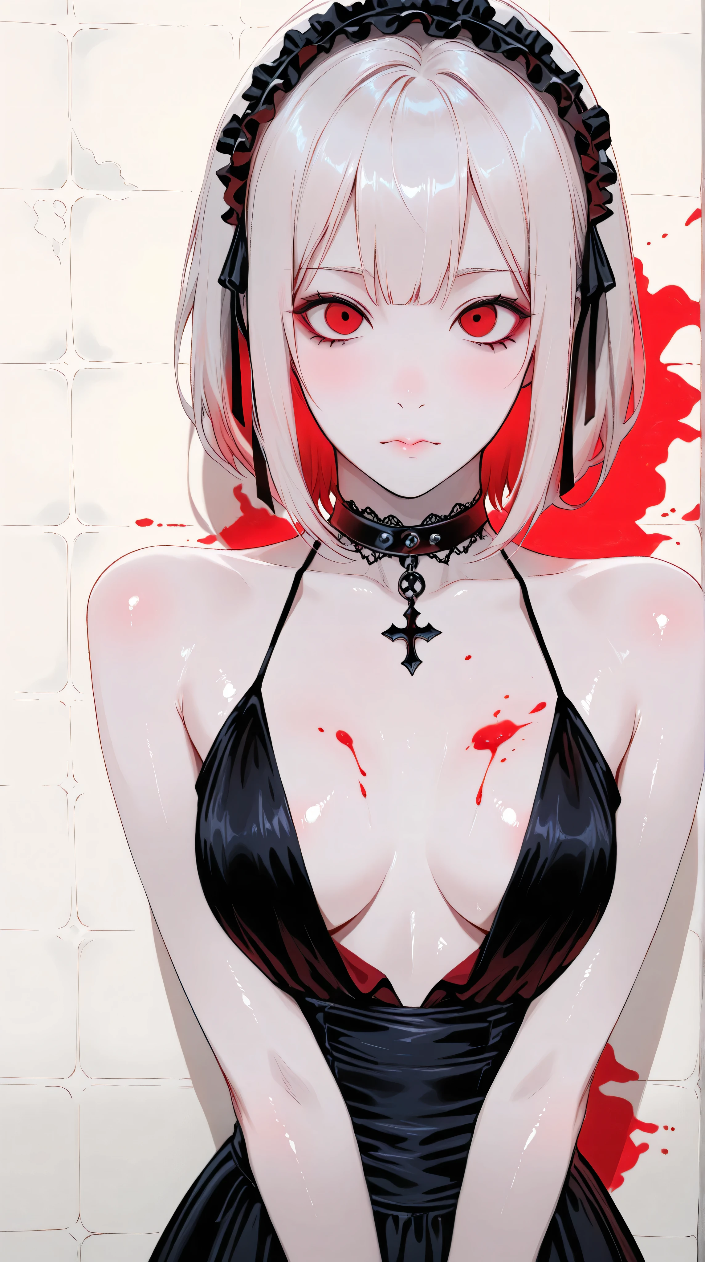 Kizi,Highly detailed, Amazing work,Vitreous luster,((clean backdrop)),In black,(((red colors))),white color,Best quality at best,clean backdrop, shiny skin, goth, plunging neckline,