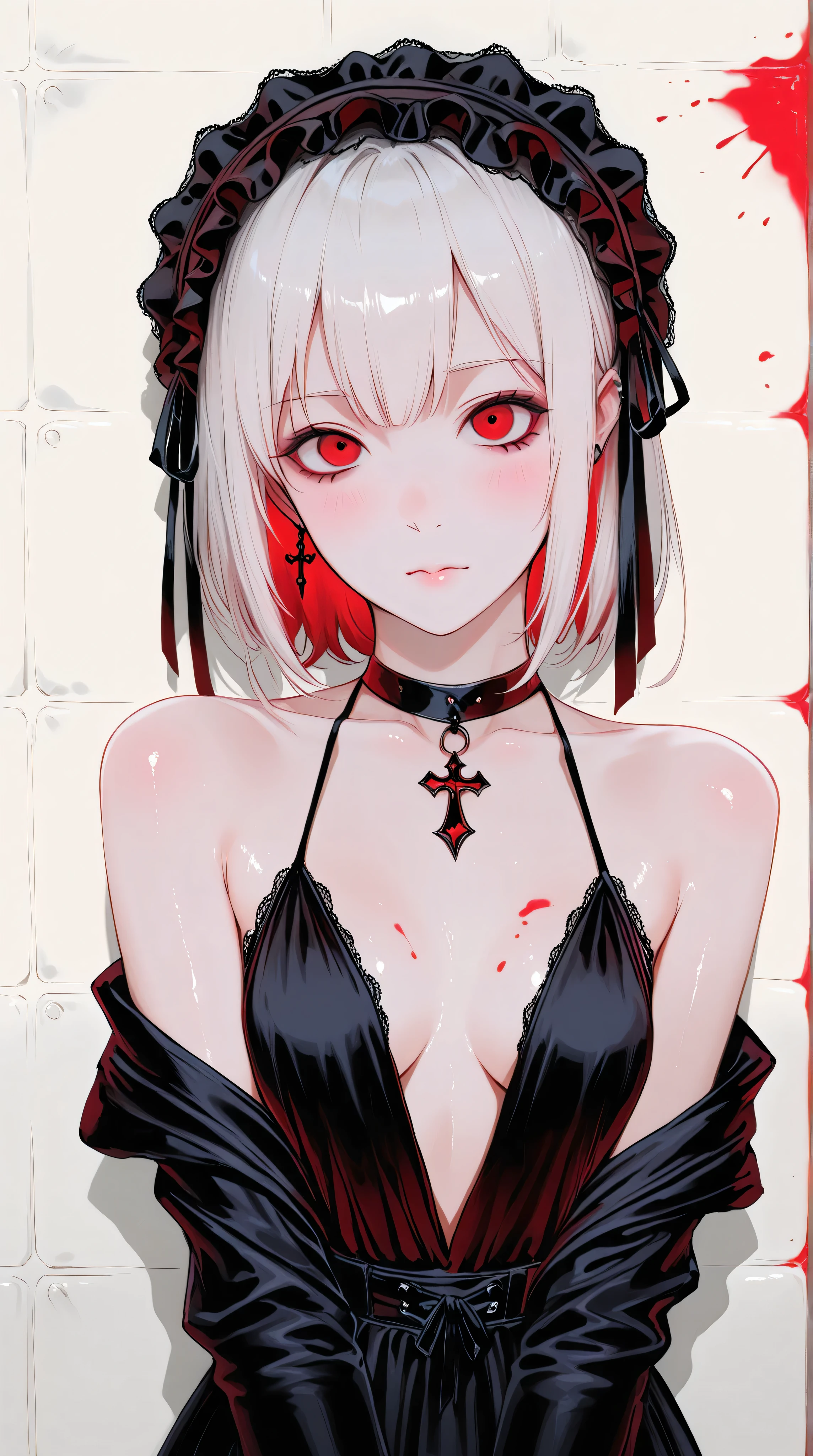 Kizi,Highly detailed, Amazing work,Vitreous luster,((clean backdrop)),In black,(((red colors))),white color,Best quality at best,clean backdrop, shiny skin, goth, plunging neckline,