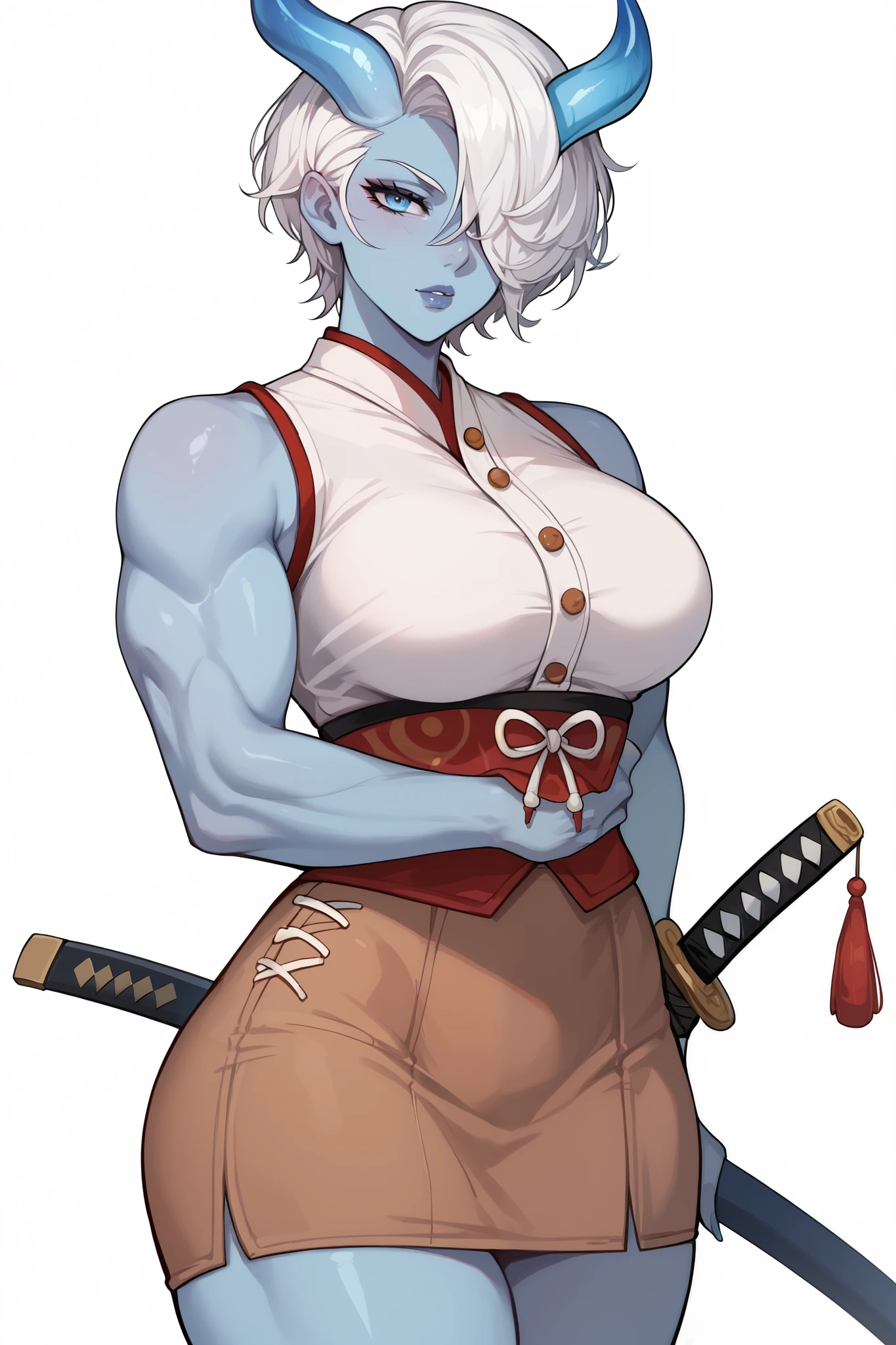 Mature woman, blue skin,white hair, short hair, hair covering right eye, Blue eyes,Black scleral,Just a horn , muscular, blue horns, katana at waist, skirt, top, tribal style, curvy body que,anime style,Alien Race