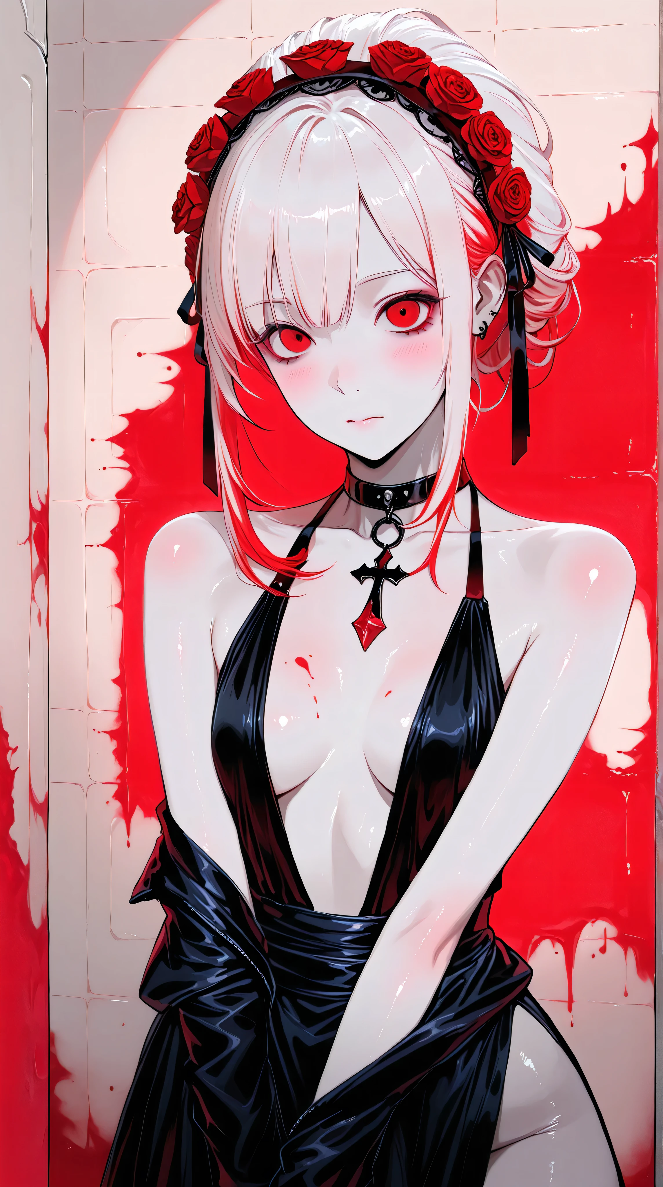 Kizi，Highly detailed, Amazing work，Vitreous luster,((clean backdrop))，In black，(((red colors)))，white color，Best quality at best，clean backdrop, shiny skin, goth, plunging neckline, 