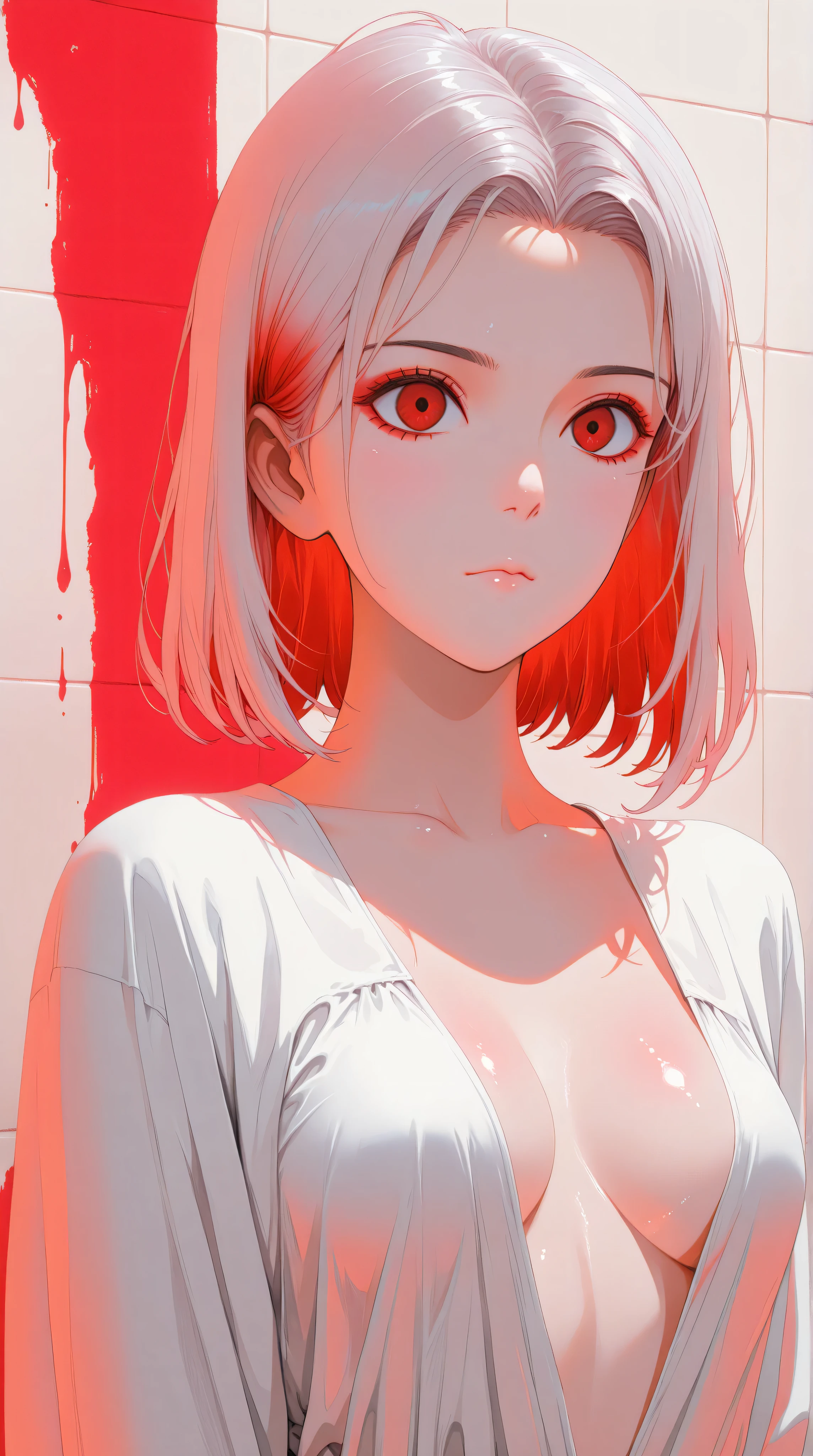 Kizi,Highly detailed, Amazing work,Vitreous luster,((clean backdrop)),In black,(((red colors))),white color,Best quality at best,clean backdrop, shiny skin, goth, plunging neckline, small breasts, cleavage, ghibli,