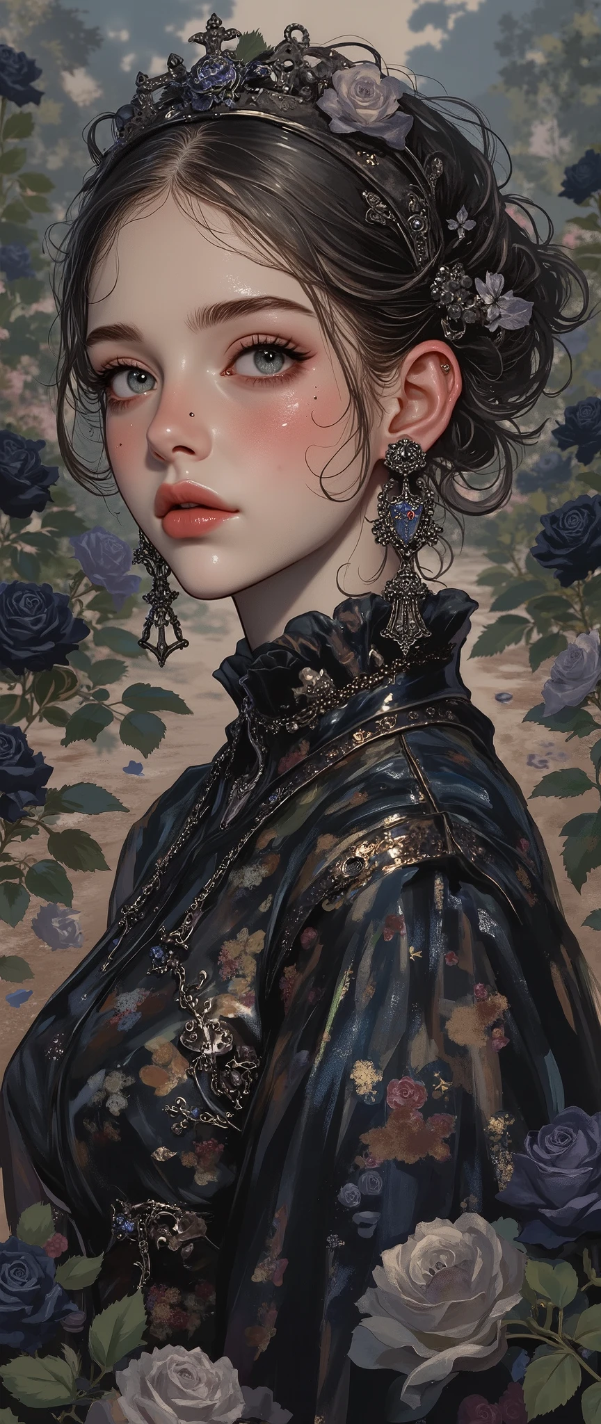 (Masterpiece:1.2),( best quality ),( very detailed),( best illustrations),8k,,16k,wallpaper, beautiful woman with sweat on her face, gothic fashion ,whole body,(I'm taking a walk along the road where countless black roses bloomed:2.0), vector art,( upper body up:2.0), A Day With My Gothic Girlfriend