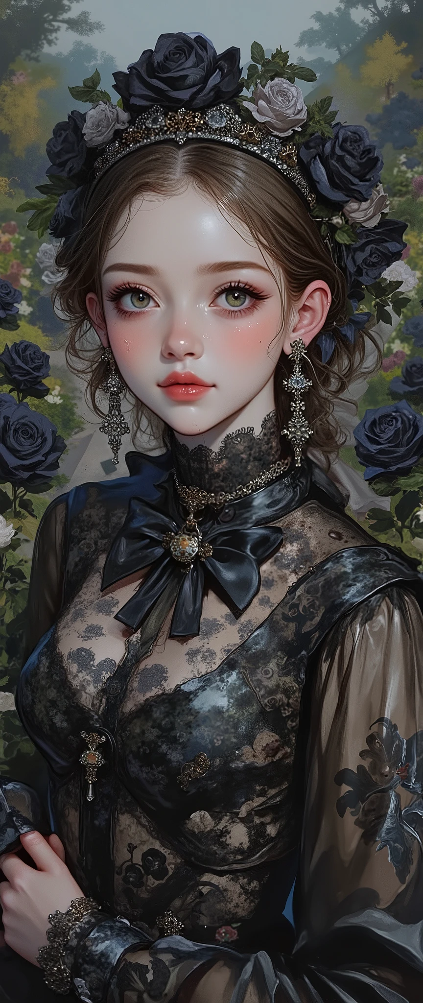 (Masterpiece:1.2),( best quality ),( very detailed),( best illustrations),8k,,16k,wallpaper, beautiful woman with sweat on her face, gothic fashion ,whole body,(I'm taking a walk along the road where countless black roses bloomed:2.0), vector art,( upper body up:2.0), A Day With My Gothic Girlfriend