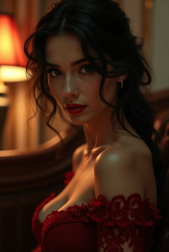 Portrait of 1 young 20yo woman, black hair, wearing red dress, perfect eyebrow, perfect lips, perfect nose, professional color graded, wonderful woman, dark background, cute russian woman, (rim lighting,:1.4) two tone lighting, sharp focus, unreal, dimly lit, low key