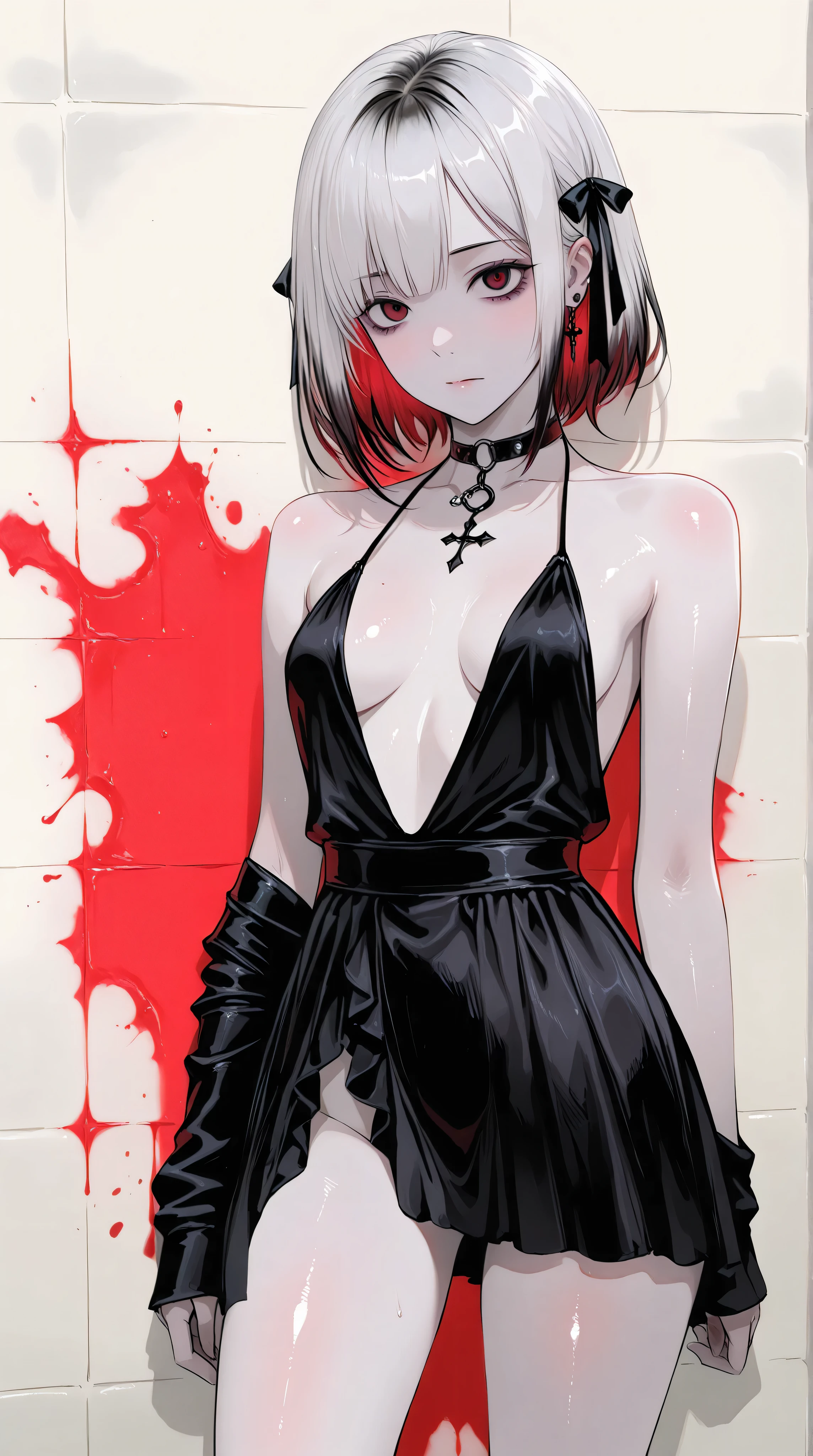 Kizi,Highly detailed, Amazing work,Vitreous luster,((clean backdrop)),In black,red colors,white color,Best quality at best,clean backdrop, shiny skin, goth, plunging neckline,