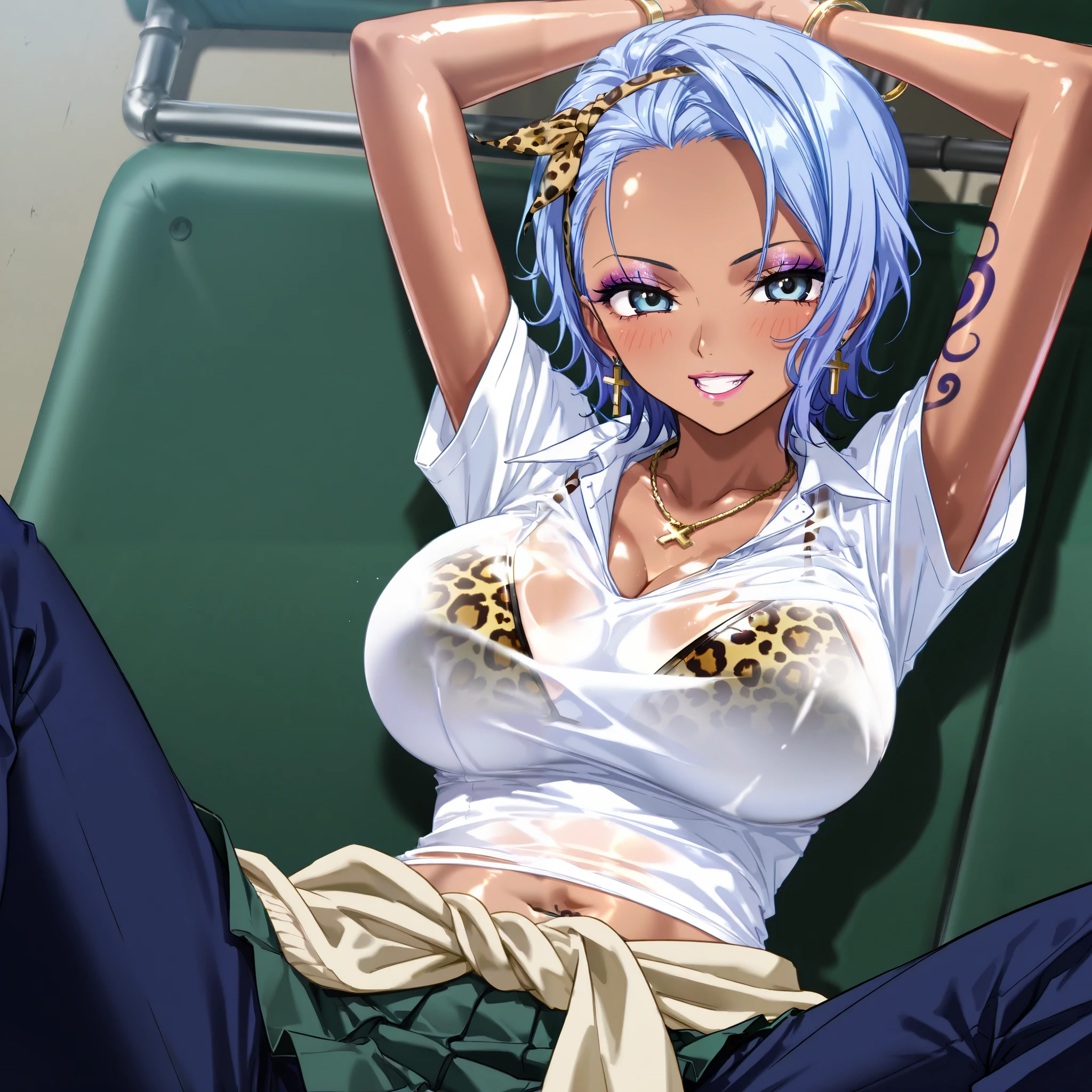 score_9,score_8_up,score_7_up,quality,ultra detailed,absolutely resolution, solo, ultra rnojikoSDXL,1girl,solo,short hair,blue hair,blue pants,light blue eyes,bracelet,hairband,tank top,tattoo,tattoo arm, tattoo chest, skirt, shirt, school uniform, white shirt, short sleeves, pleated skirt, collared shirt, sweater, green skirt, clothes around waist, BREAK gyaru, (dark skin), (dark-skinned female), metallic tan,   (makeup), eyeshadow, grin, parted lips, blush, mature female, tall girl, looking at viewer, gleaming skin, bikini top, leopard print, cleavage, navel, cross earrings, necklaces, fishnets, arms up, open legs