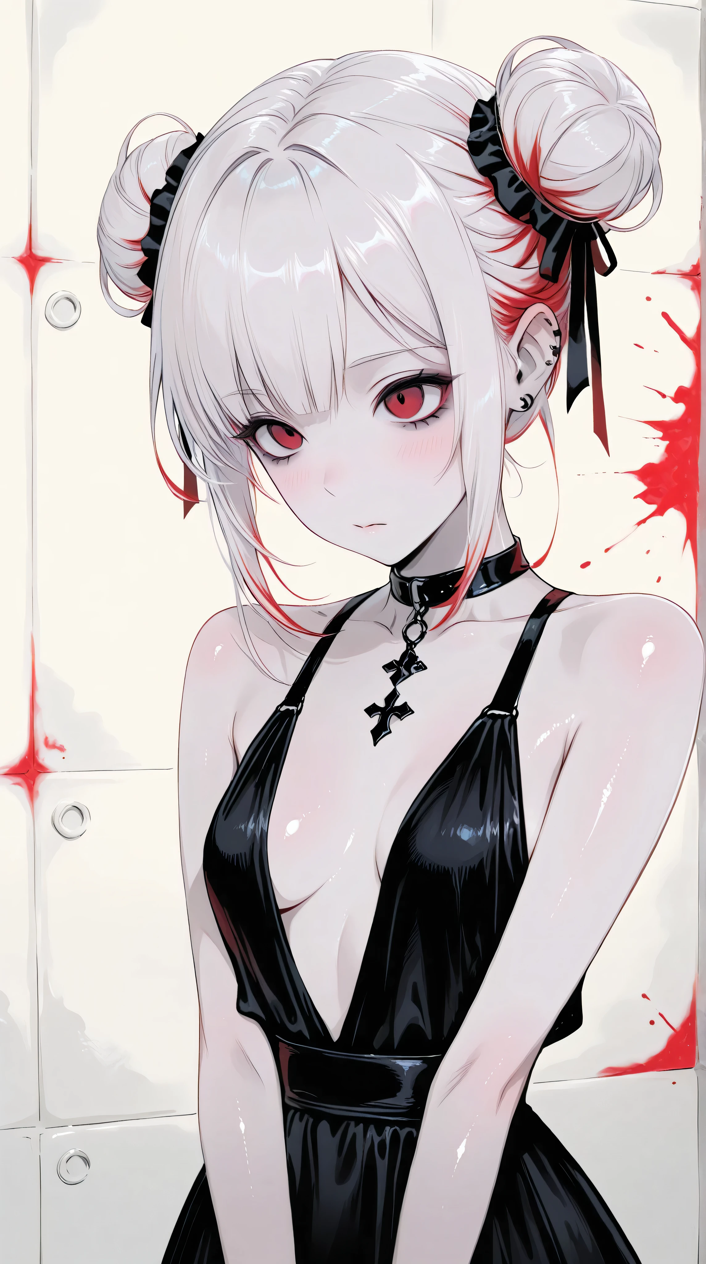 Kizi,Highly detailed, Amazing work,Vitreous luster,((clean backdrop)),In black,red colors,white color,Best quality at best,clean backdrop, shiny skin, goth, plunging neckline, hairbuns,
