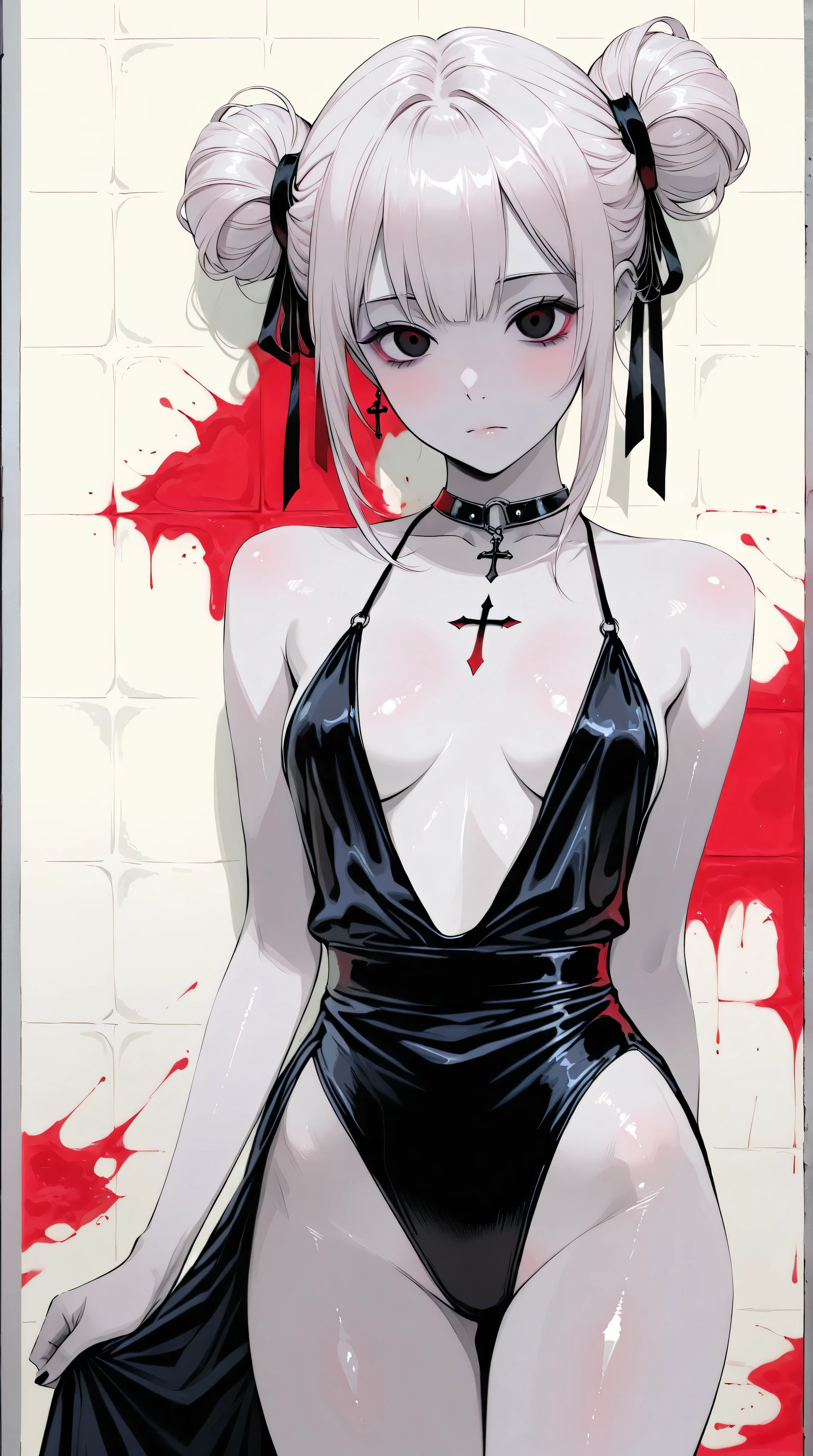 Kizi，Highly detailed, Amazing work，Vitreous luster,((clean backdrop))，In black，red colors，white color，Best quality at best，clean backdrop, shiny skin, goth, plunging neckline, hairbuns,