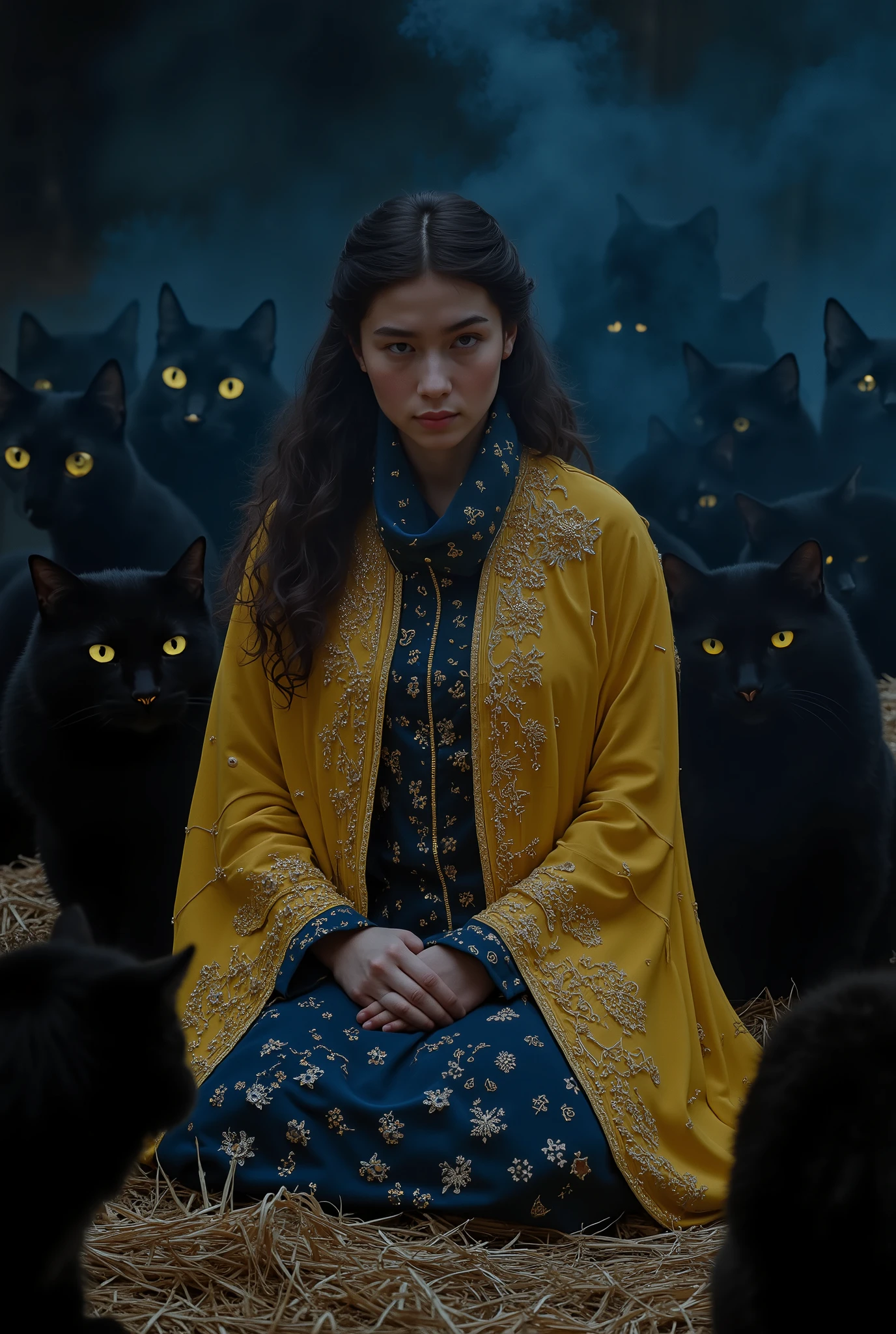 A mysterious and ethereal scene of a beautiful young wizard seated in the middle of a moonlit glade, surrounded by a circle of sleek black cats with piercing golden eyes. The wizard is adorned in a deep yellow with picton blue turttleneck inside, intricately embroidered robe that glows subtly in the dim light, complementing the mystical atmosphere. Her hair is elegantly tied back, and her expression is serene yet powerful, as if in silent communion with the cats. The ground is covered in straw, blending into the foggy surroundings, and the air is thick with an enigmatic, magical tension. A faint blue mist swirls around her, enhancing the sense of enchantment and otherworldliness. 10 distand composition images