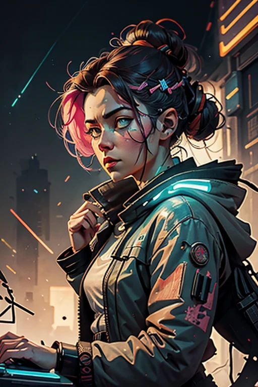 watercolor digital art of a cyberpunk small serious woman, lost inside a glowing antique runes storm with computer code lines flying around , trending on artstation, bright colors
