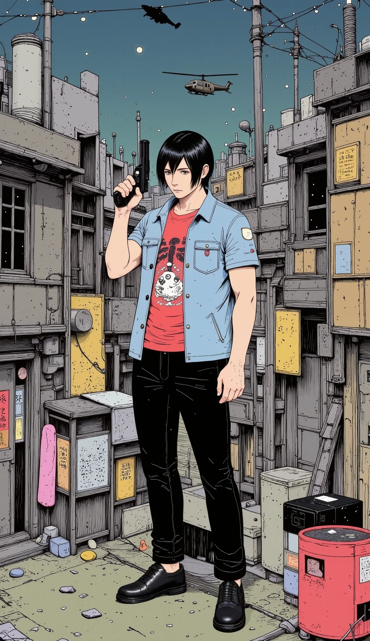 ( envelopes,8K,highres,  masterpiece:1.2),  ultra detailed , HDR-10,  Ultra High Definition,  studio lighting , ultra fine paint, sharp focus,  rendered in physics ,   extreme detail description  ,  professional,   bright colors  , conceptual artists ,  warm color palette ,  dramatic lighting , a man,( light blue jacket , red t-shirt,   black pants  ),short black hairstyle, muscular physique, Standing on a rooftop, ( holding a revolver in one hand ),  A military helicopter flying close to him passes by , Shinjuku, ,  Japan at Night , The intricate and delicate building district of Shinjuku can be seen at his feet,  A Distant View ,( Anime style), City Hunter ,Tsukasa Houjou , side view,Wide view, full body,