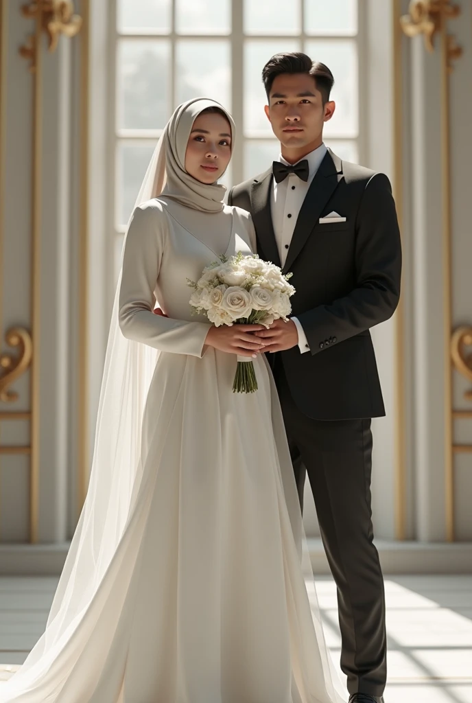 The traditional Indonesian bride and groom wear the hijab, traditional Bugis clothing