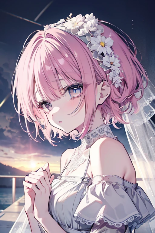 Pink and light blue dreamy hair Wave Shorthair Purple Eyes Beauty Starry Dress White bouquet beautiful