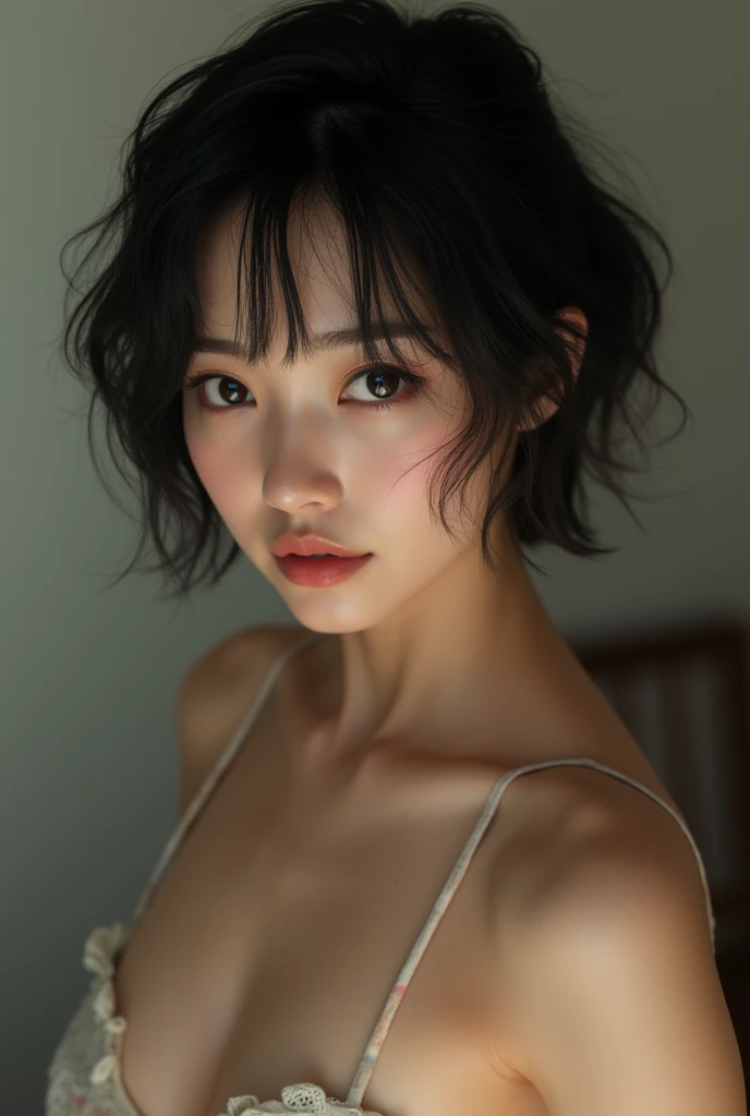 (Highest quality, 8k, 32K, masterpiece, Ultra-high resolution:1.2),Beautiful Japanese Women Photos, Big , Very short bob hair,Upper Body,underwear, looking at the camera,Lying on your back、bed (((nude1,3))) squatting 