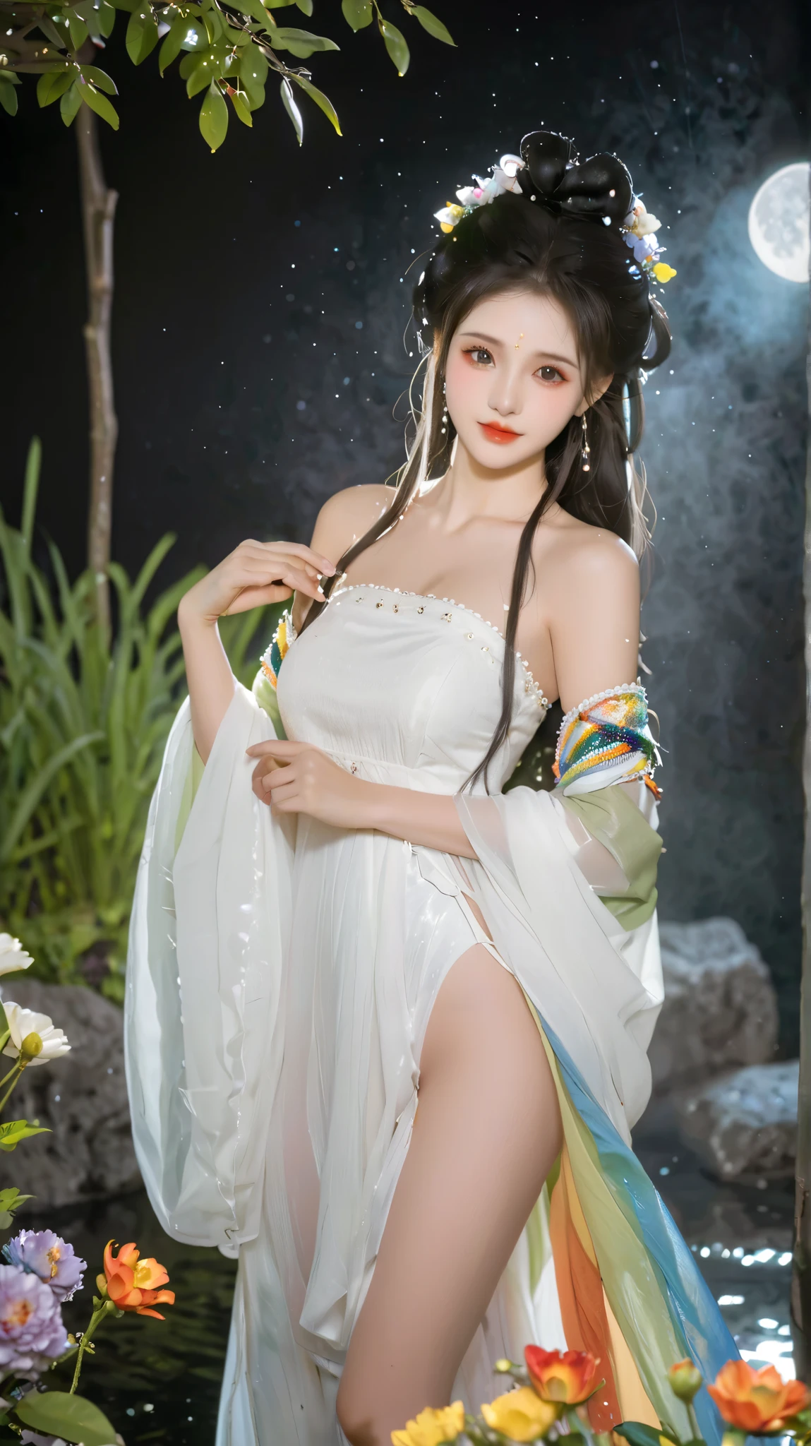 Light Particles, Halo, ( Bioluminescent :0.95), Bioluminescent , Dazzling light, full of energy , (((Colorful))), color, (glowing, glow),Ancient Customs, Wind Blow, flowering, pond, night, moon relection in the pond, Reflected Light, Depth of Field, From the back, multiple views , delicated best quality , masterpiece, illustration, extremely fine and beautiful , Very Detailed ,CG ,unified , 8k wallpaper, are amazing, Meticulous attention to detail, masterpiece, best quality, Official Art , Very Detailed CG unified 8k wallpaper,超 high resolution , incredibly 超 high resolution , huge file size , super detailed in a humid forest , high resolution , Very Detailed, beautiful and detailed girl , Very Detailed eyes and face, exquisite detailed eyes ,Face Light,1 Girl, (super realistic), ( dark hair ), ( hair covers one eye), (Single braided hair ), (Rainbow Eyes), ((Hair accessories)), ((Jewelry)), (hair Jewelry), (((Describe the arm in detail))), (((super ))), (( Anthro futa hare )), ((full body)), (thigh), ((full )),, ( Detailed Description of Hair ), (( upper body)), ( bare shoulders ), ((clavicle)), ( strapless), ( shiny skin), (Detailed facial description), (Extremely detailed eye description ), (Detailed description of the body), (white and translucent skin ), Peerless Beauty, (Extreme beauty), ( red lips), (Shy ), (诱人的Smile), (( gothic lollidia dress )), (Every posture),(Smile)