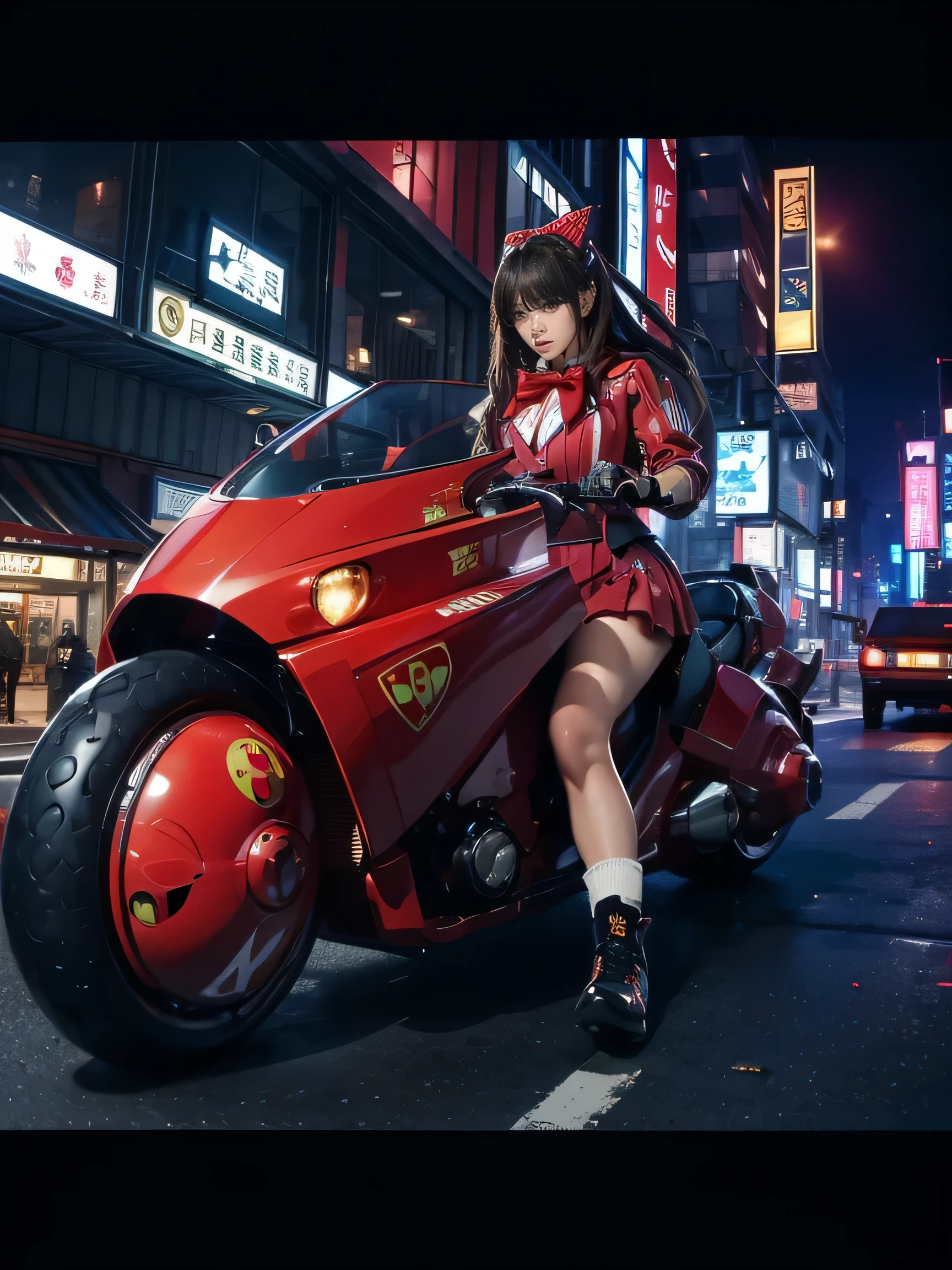 Official Art, Unity 8K Wallpaper , ULTRA DETAILS, Beautiful and Aesthetic , Masterpiece, best quality , realistic, long dark hair , Striped High Knee Socks, Red Eyes , hair bow, Mole Undereye , Red Gold Field Bikes , riding bike , knight , Cyberpunk City Views , Spectacular Screens , high school girl,