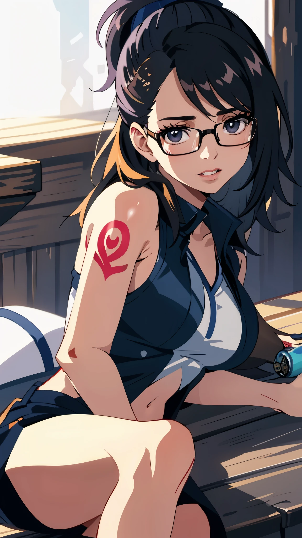 (Sarada Uchiha,short hair,black hair,glasses),full body picture Unreal Engine 5 8K UHD of beautiful girl, green Japanese style long hair, wearing futuristic black tight battle suit, half face mask, futuristic neck collar, grass green light details, best quality, masterpiece，Big Breasts