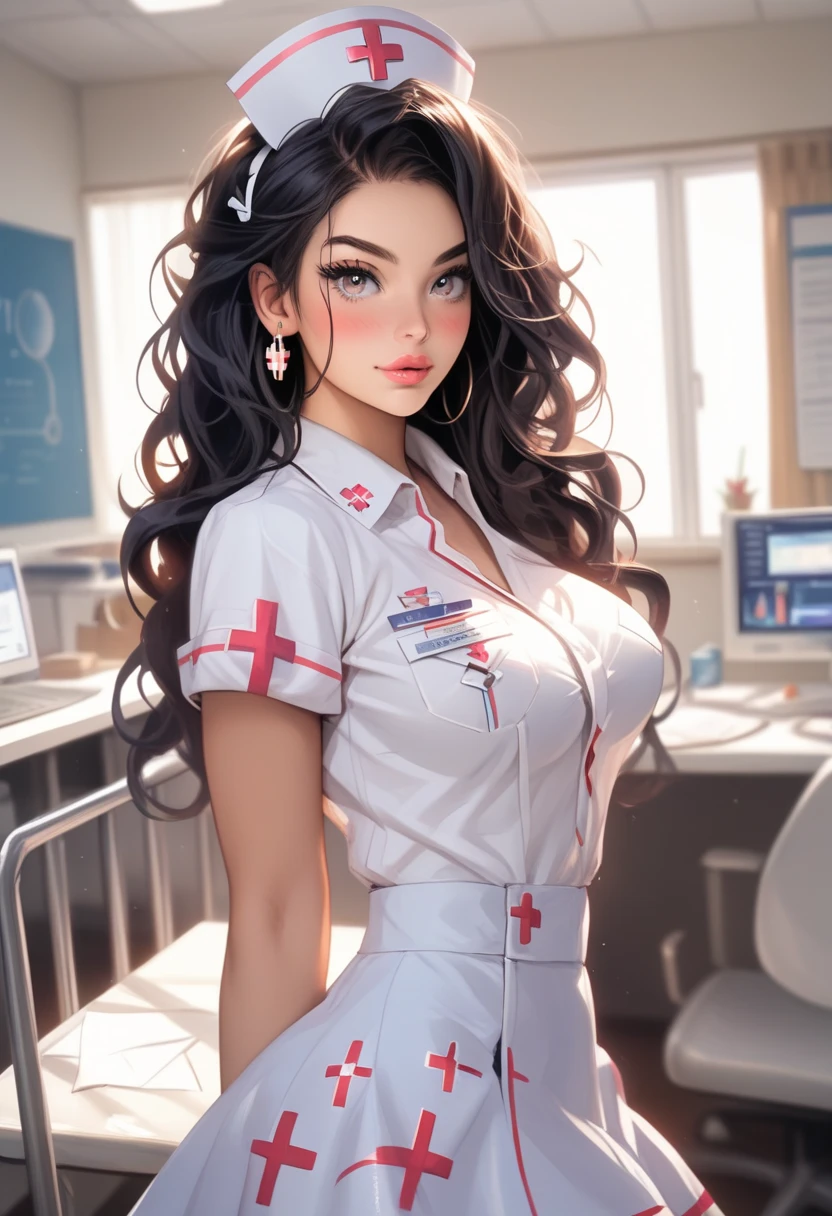 (masterpiece, best quality, perfect hourglass figure, wide waist, blush), busty, portrait, perfect face, flawless eyes, empty gradient background, beautiful lips, full lips, (arms behind back), perfect waist, cowboy shot, perfect hips, wide smile, sanpaku, round pupils, orange eyes, dark skin, brown skin, long flowing hair, black hair, concave bangs, bimbo, nurse, groin, hip vents, nurse cap, nurse tight skirt