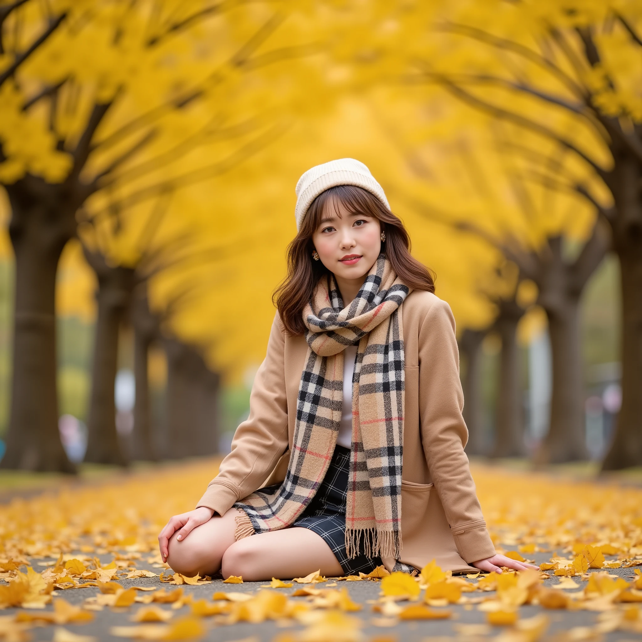 ( photorealistic), (Ultra High realistic), ( Ultra Fine), ( Ultra Fine), ( increase contrast), (Increase saturation), ( 1 girl), pretty woman with perfect figure , cute face, Beautiful appearance, ( vibrant face), Beautiful hairstyle, realisticな目, Beautiful Details, ( lifelike skin), beautiful skin, charming, The Ultra - Perfect Body High Definition , super realistic, realistic, very detailed, ( medium boobs :0.5), Japanese , Medium long curly hair, bangs, ( tea hair), ( slim figure), ( Japanese cute Idol walking in a light brown wool coat and knee-high boots, Tartan Check Mini Skirt:1.3, Burberry, Burberry's check scarf:1.3, knitted hat, 2023-2024年autumn冬), (), Gentle Smile , tea hair, ( earrings ), ( supermodel body type sitting on the floor ), from below:1.3, ginkgo tree, Long Street, magnificent ginkgo tree with autumn leaves lining both sides of the road, autumn, golden leaves , A road that looks golden with fallen leaves piled up:1.3, full of fallen leaves:1.3