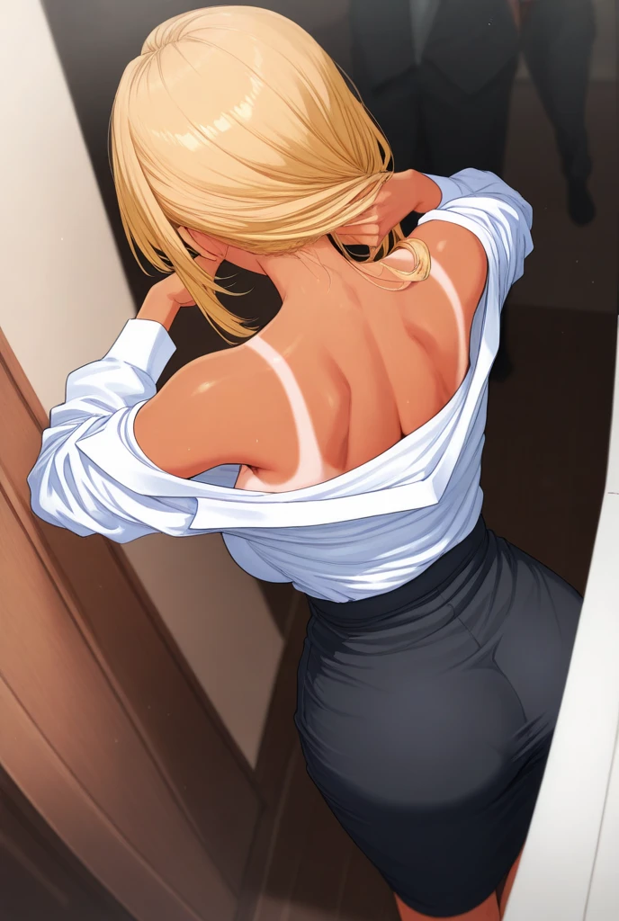 1girl, natural lighting, masterpiece, highly detailed, illustration, game CG, absurdres, high quality, beautiful detailed eyes, glossy lips, natural lighting, medium breasts, klaudia valentz, through door, lace panties, looking back at viewer, blush, white shirt