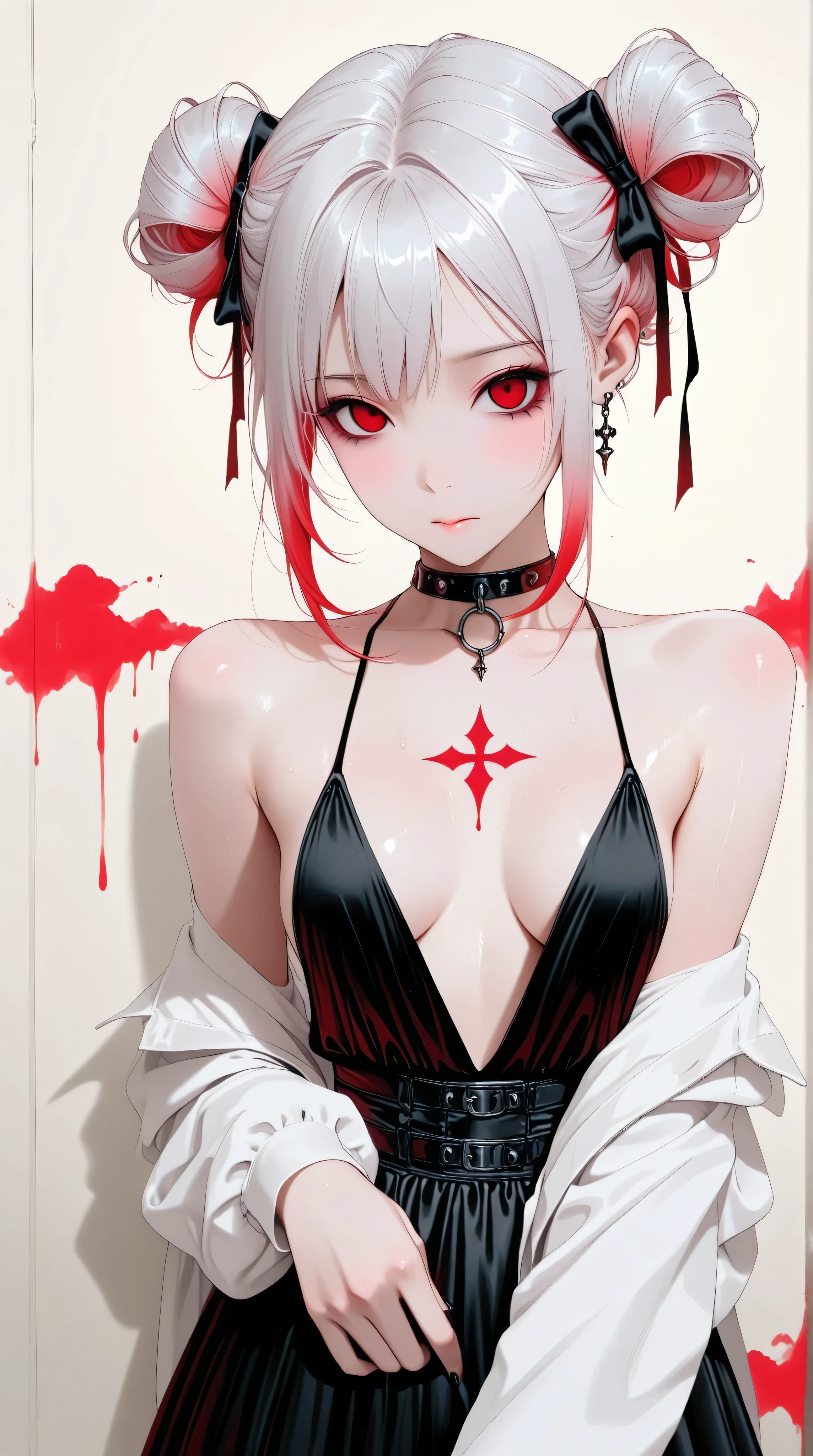 Kizi,Highly detailed, Amazing work,Vitreous luster,((clean backdrop)),In black,red colors,white color,Best quality at best,clean backdrop, shiny skin, goth, plunging neckline, hairbuns,