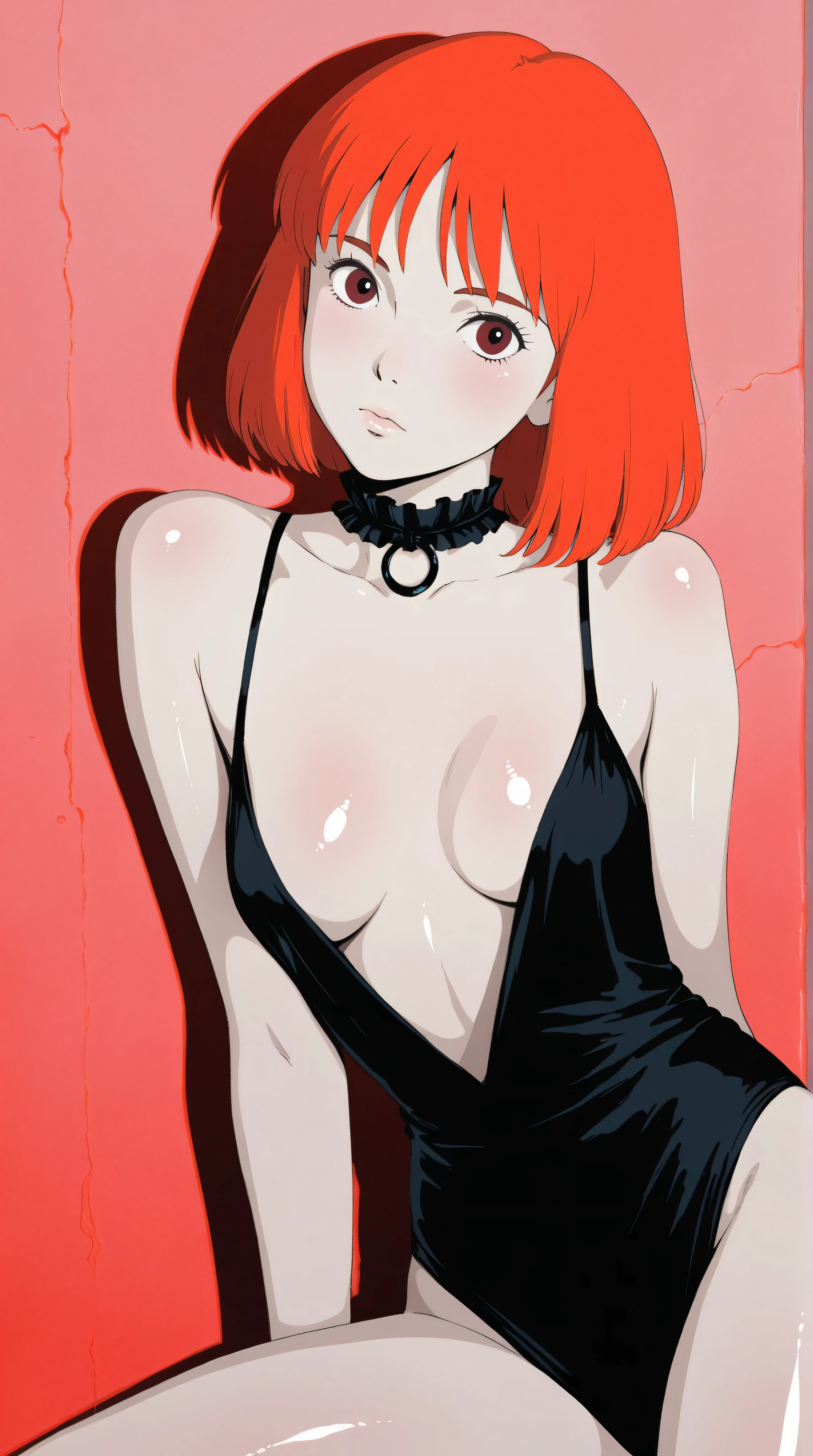 Kizi,Highly detailed, Amazing work,Vitreous luster,((clean backdrop)),In black,(((red colors))),white color,Best quality at best,clean backdrop, shiny skin, goth, plunging neckline, small breasts, cleavage, ghibli,