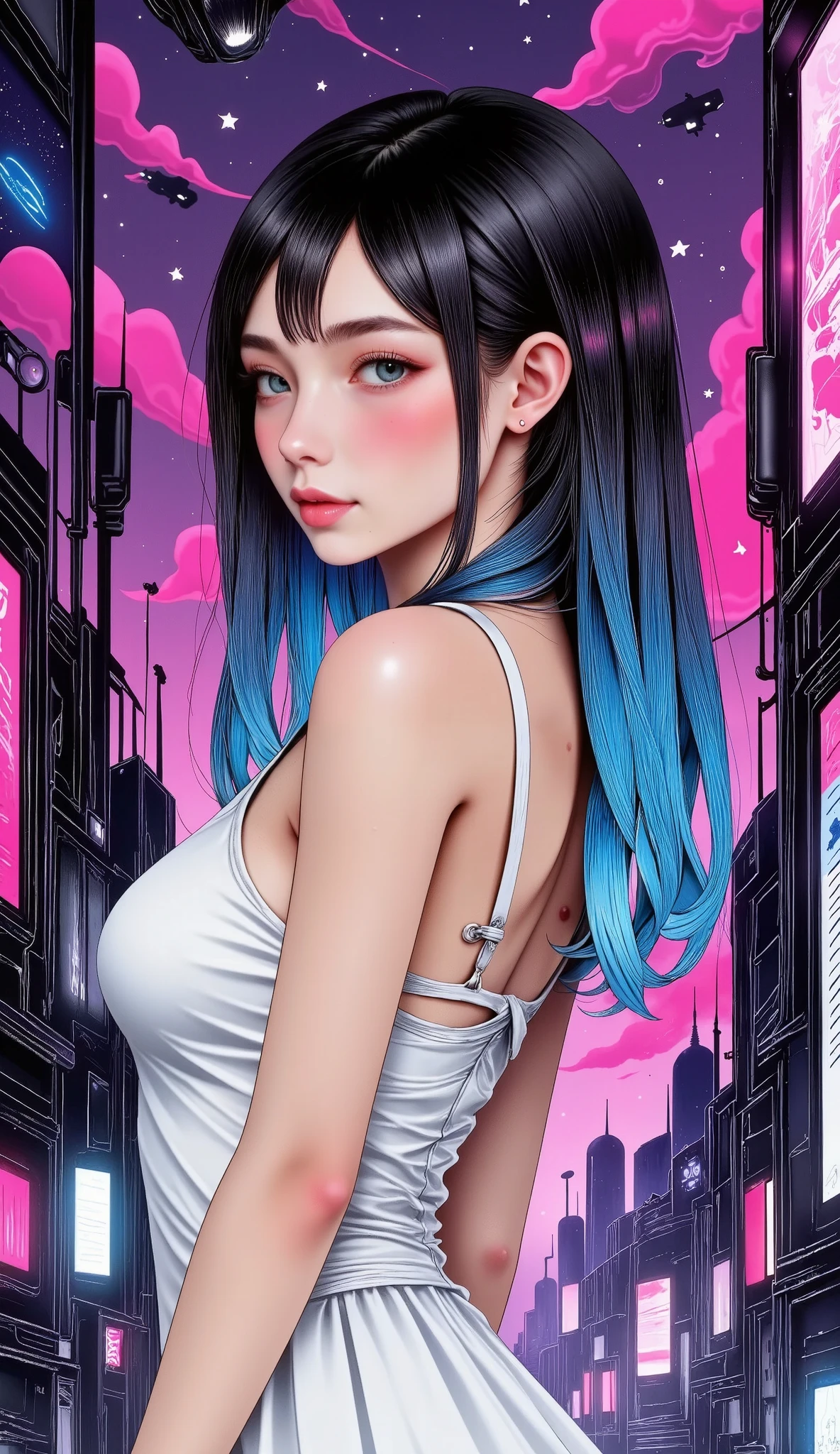 darkness, neon lights , general plane :1.4, full body , anatomically correct , hyperrealistic :1.3, beautiful woman behind the camera (( showing her dress with large neckline on the back , sexy bare back :1.41)) , detailed face with big expressive eyes , Long ones are not attractive , small nose, full lips, blue hair with neon pink reflections , and augmented reality interfaces , details on a dark dystopian city background with neon lights , en un fondo de ciudad distópica oscura con neon lights , skyscraper, and flying vehicles , 8K, photorealistic , cinematic lighting , hyper Detailed, arte digital