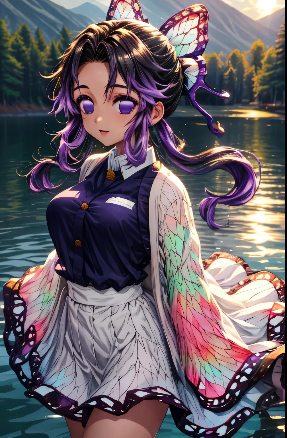 Kocho Shinobu, 1 girl,Masterpiece, Hair color changes, purple eyes, Multiple butterflies, , Sunset on the lake, lens flare, Perfect Lighting , best quality , hands behind, thighs, medium boobs , best quality , high resolution,naked.