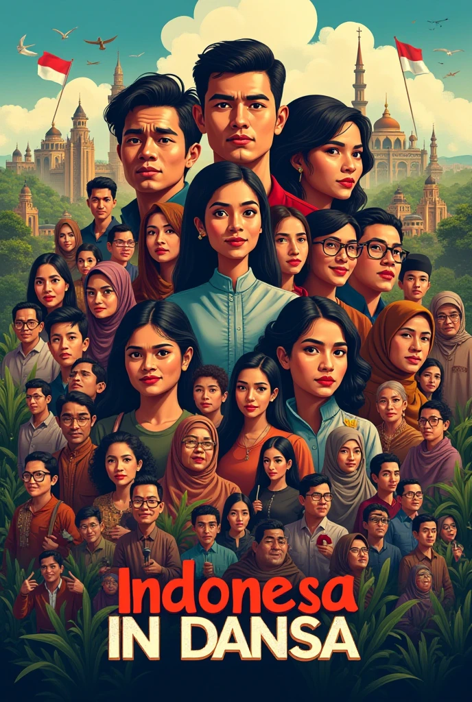 Malaysia's 67th Independence Day painting, contains the culture and beauty and uniqueness of the states of Malaysia and contains a large title "malaysia madani jiwa merdeka" and there are simple people
