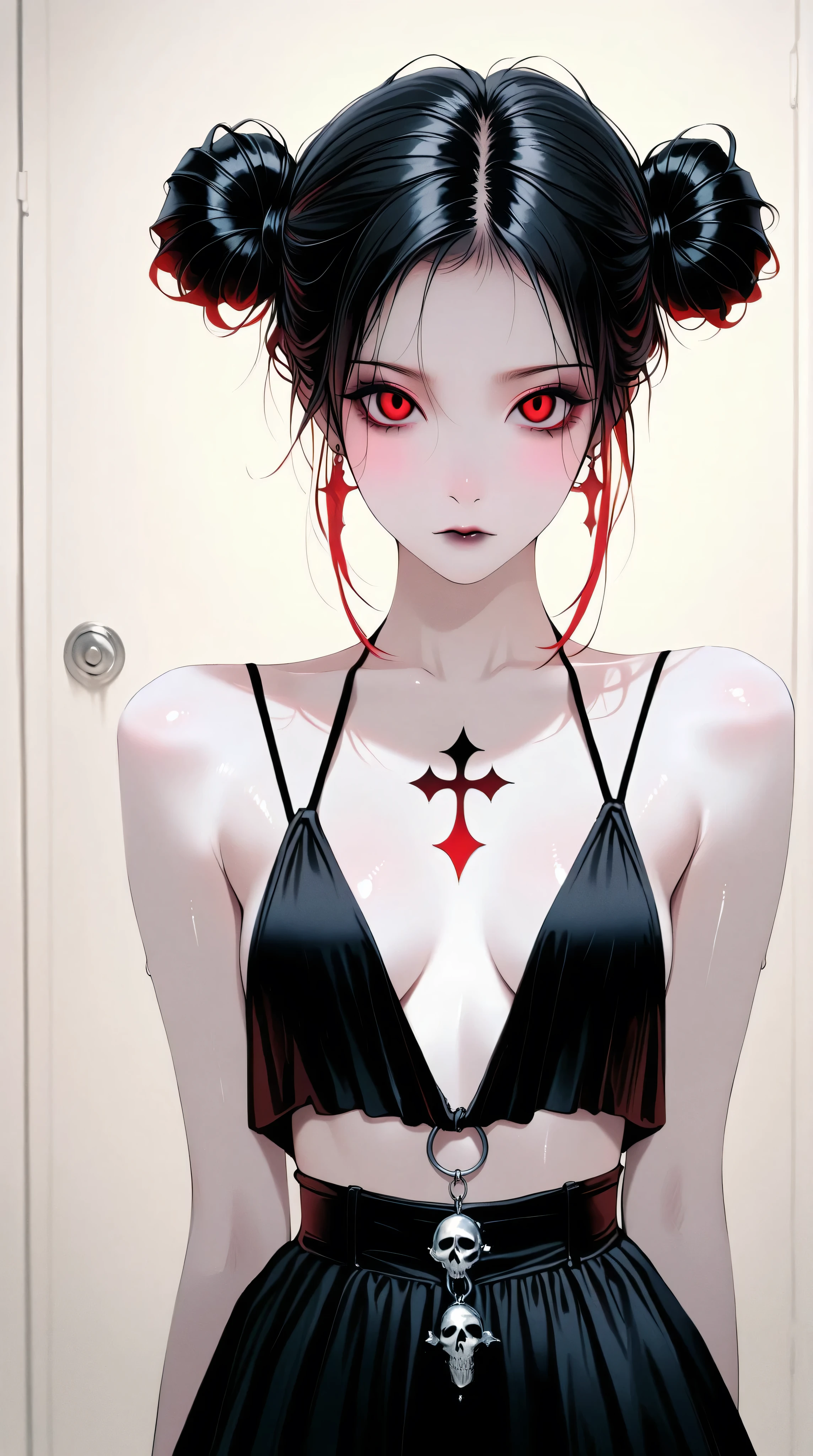 Kizi,Highly detailed, Amazing work,Vitreous luster,((clean backdrop)),In black,red colors,white color,Best quality at best,clean backdrop, shiny skin, goth, plunging neckline, hairbuns,