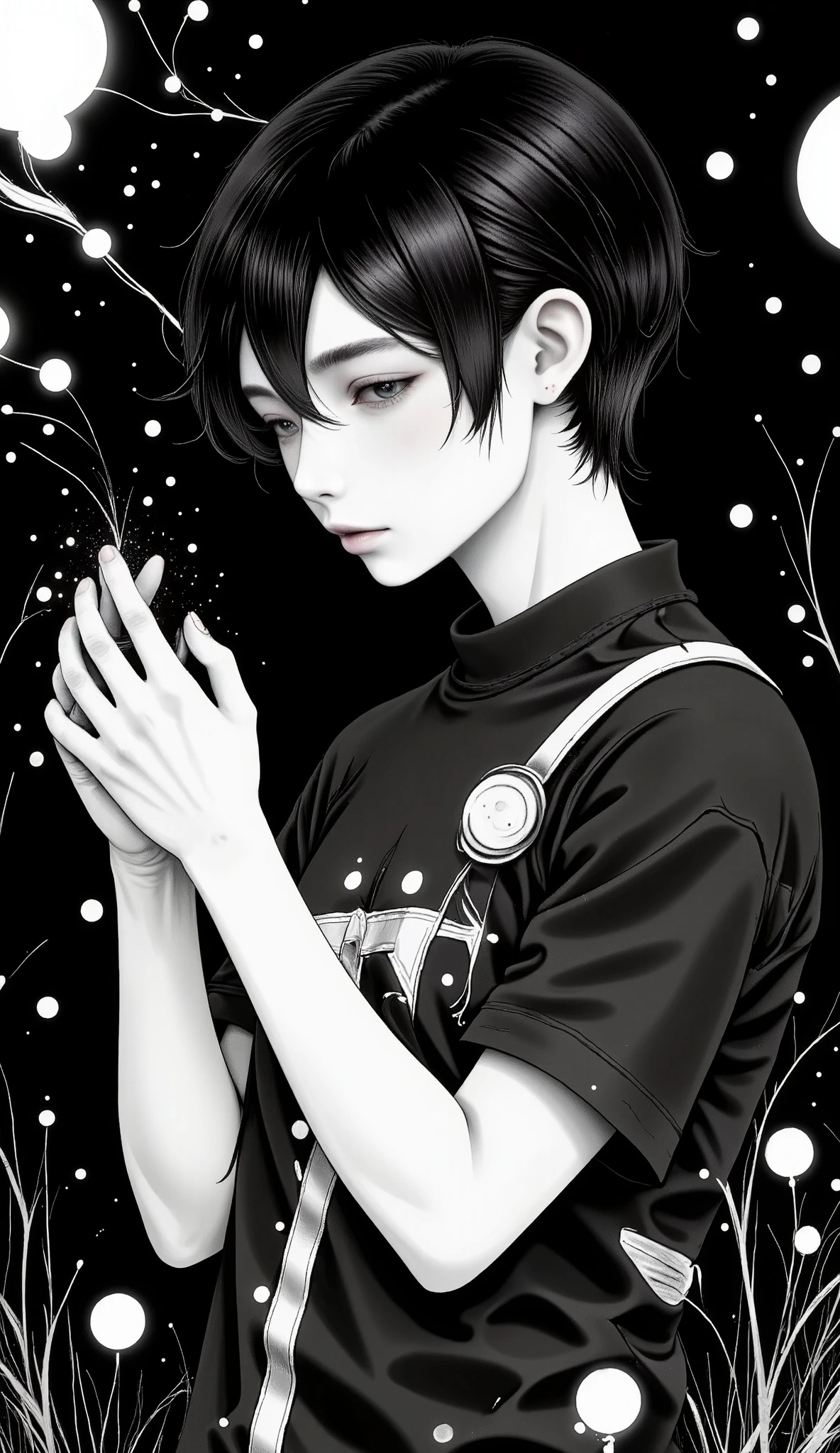 A handsome anatomically correct manga boy,  full body , Plan General :1.5, Creepy hair  , Perfect centralization  , (franco)by Donnie  ,  standing position  , abstract beauty:1.4, centered,  looking at the camera  medio perfil,  looking at the camera  ,  getting closer to perfection , sad,  desperation ,  full body ,  hands on the head , dynamic,   , seeds, sharp focus, 8K,  high definition resolution ,  line art illustration  ,  abstract black and white  :1.3,  The Art of Flesh by Griffiths and Wadim Kashin,  Black background
