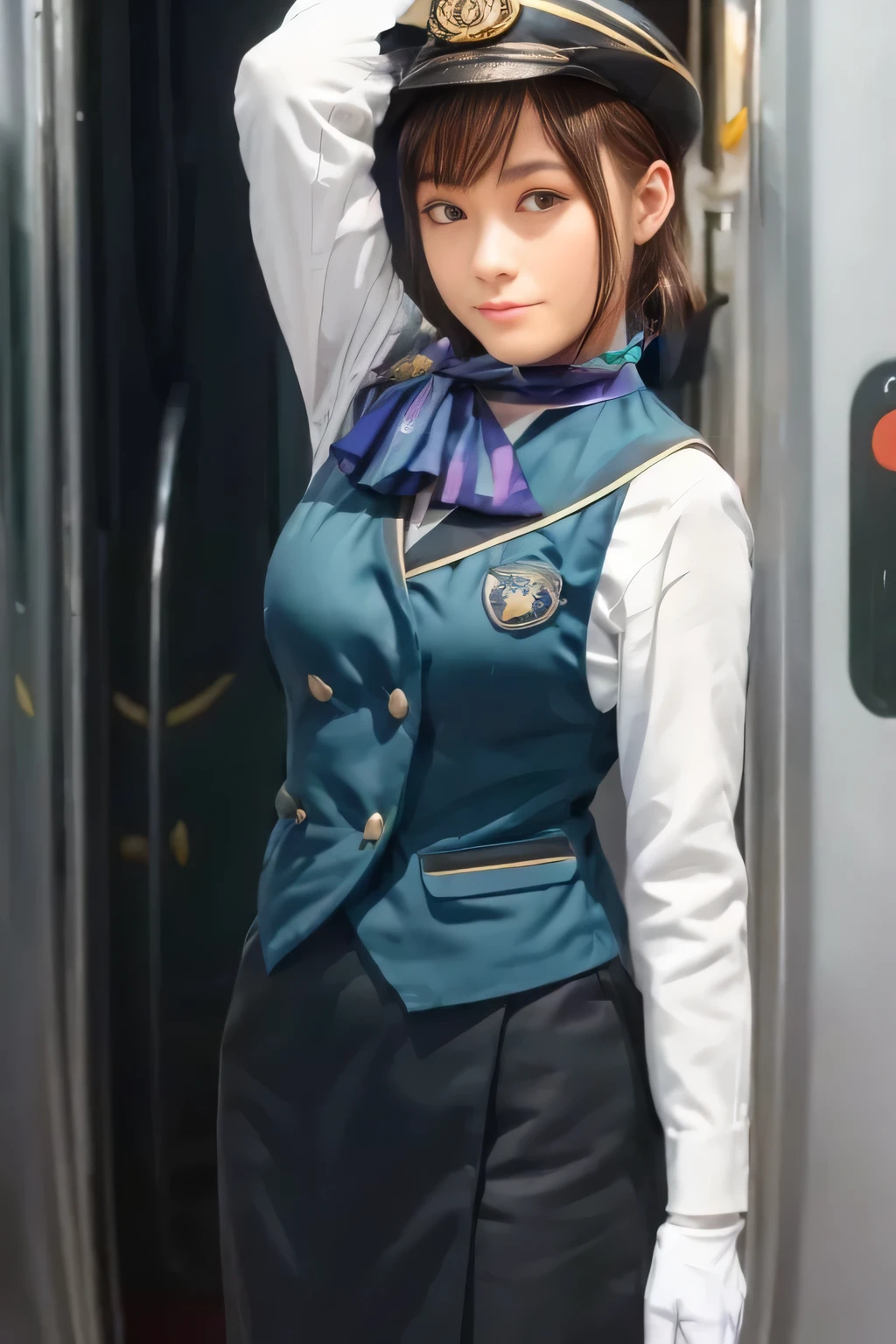 (Masterpiece:1.2, best quality :1.2), 32kHDR, kampala, (Alone、 1 girl)、(what 、 Professional Light )、In-flight background、( realistic style wearing a Nankai train crew uniform )、(( Nankai train crew uniform green vest ))、(( Nankai train crew uniform collarless white long sleeve blouse )) 、(( Nankai train crew uniform black curl culotte skirt 、 A scarf is wrapped around her neck ))、 dark brown hair 、( long hair、 collected hair 、 collected hair )、 dark brown hair 、 long hit 、Big Breasts 、Thin legs、(( Amazing hands :2.0)),(( harmonious body proportions :1.5)),((Normal limbs:2.0)),((The usual :2.0)),(( Delicate Eyes :2.0)),((Normal eyes:2.0)))、smile、( beautiful figure wearing a Nankai train crew uniform )、Hands folded under the body 、 black round women's hat
