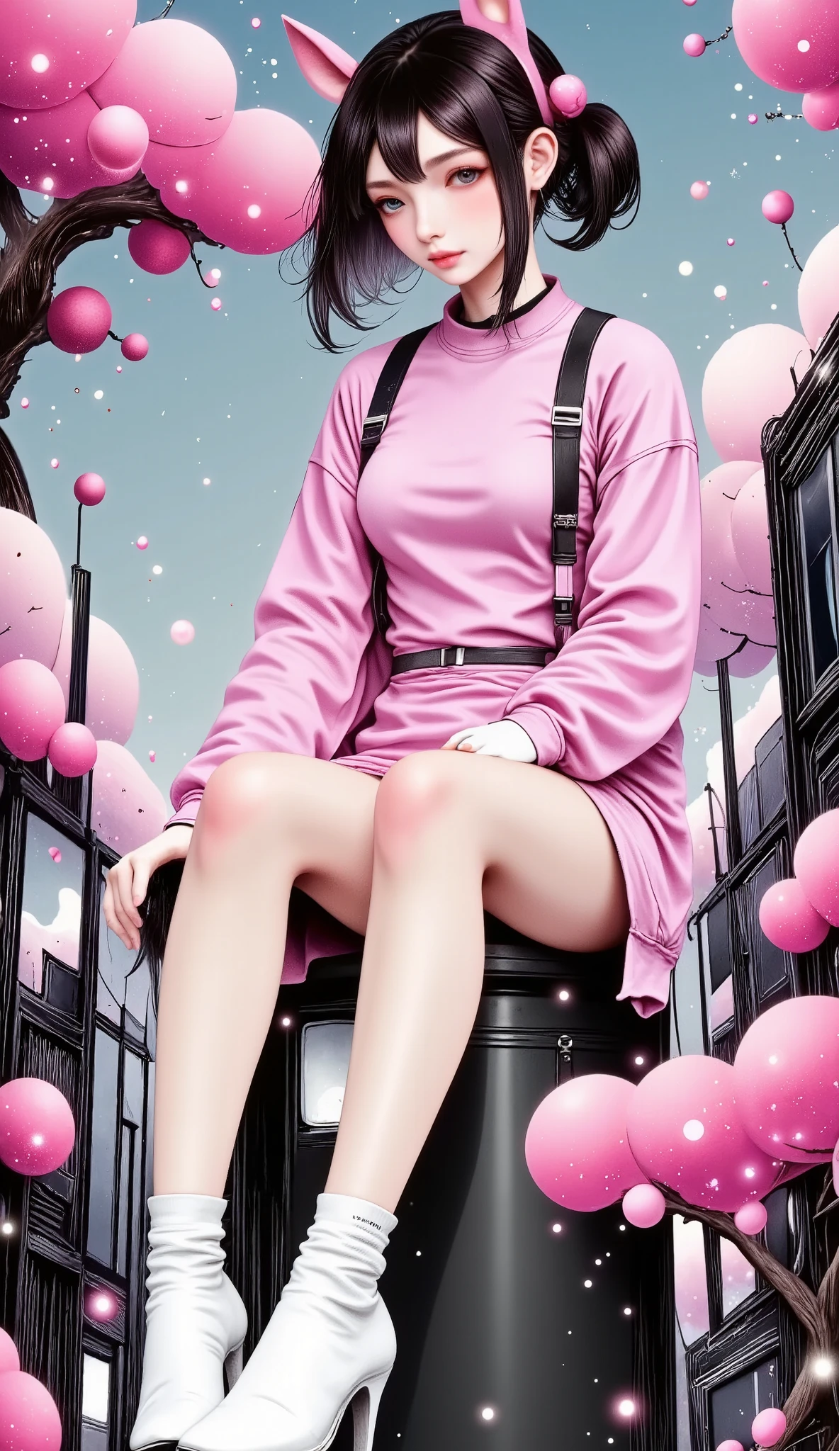 A woman wearing an Alicia  ,   wears a tight pink bodysuit and a short pink jacket with long sleeves and two-tone gloves.,   cosplay costume and white socks and white cosplay shoes  ,   has long hair with two pink pigtails with animal ear headphones  