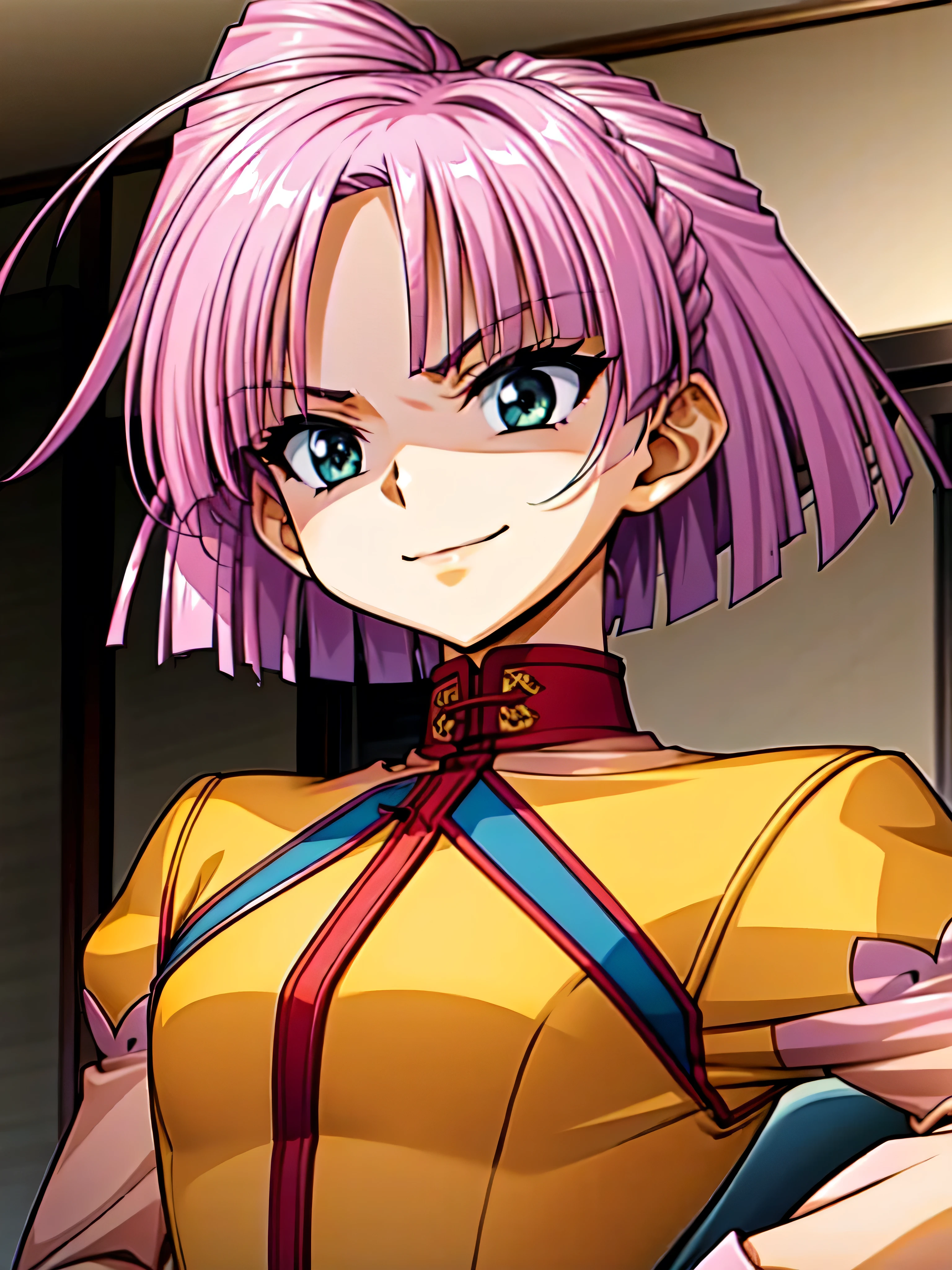 (Highest_4K quality, 8k, high definition , masterpiece: 1.2), Super details,from_Down,(_ screen capture ),( One Girl ,alone),, Bob short hair ,,, viewers of the pin, upper body,,,,,,,( Details), , , High Quality , very detailed , perfect face,,shaded face (Eyes in the Shadows),very evil smirk,yellow clothes,from below,looking down at viewer,,looking at viewer,