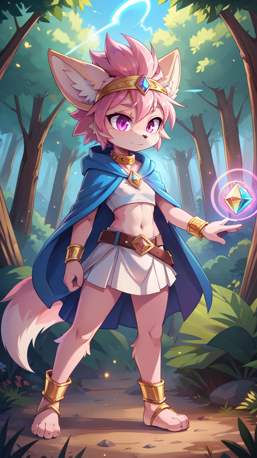 score_9,score_8_up,score_7_up, source_cartoon, source_furry, Furry female, fennec, two tone hair, white hair, pink hair, curly hair, mohawk hairstyle, magenta eyes, detailed body fur, small breasts, ((blue cloak, white crop top, white ancient short skirt, gold headband with amatist gem, gold bracelets, gold belt, gold collar, toeless footwear)), looking at you, two tone body fur, pink body fur, beige body fur, detailed face, big eyebrows, detailed eyes, detailed body, detailed body fur, detailed hands, glistering body, shiny body, skinny, solo, glowing magenta eyes, motion blur, thick outline, anthropomorphic, countershading, solo, full body, feets with three toes, forest, clear sky, DND style, energy ball on hand, magic aura, magic spell on hand,