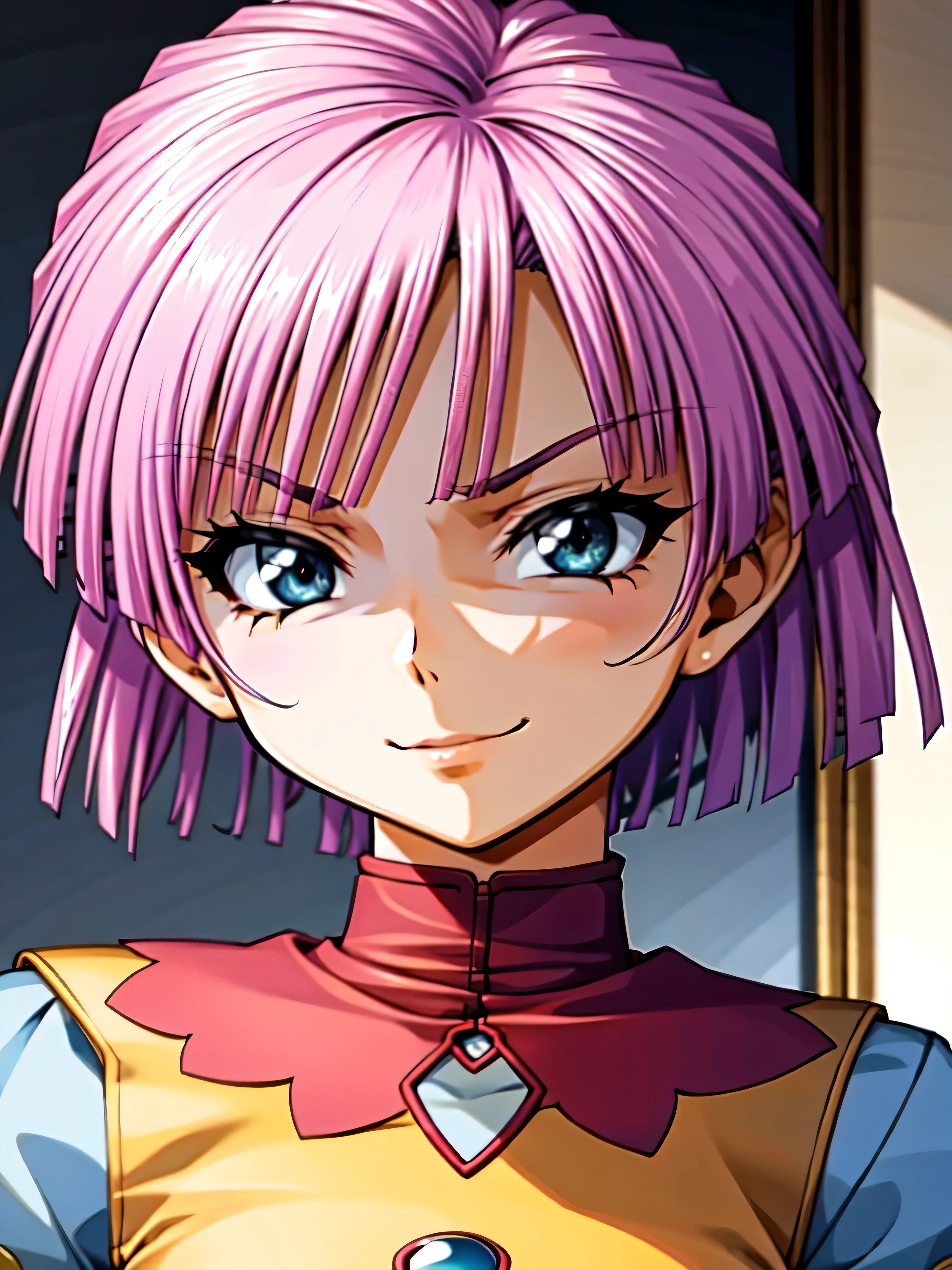 (Highest_4K quality, 8k, high definition , masterpiece: 1.2), Super details,from_Down,(_ screen capture ),( One Girl ,alone),, Bob short hair ,,, viewers of the pin, upper body,,,,,,,( Details), , , High Quality , very detailed , perfect face,,shaded face (Eyes in the Shadows),very evil smirk,yellow clothes,from below,looking down at viewer,,looking at viewer,