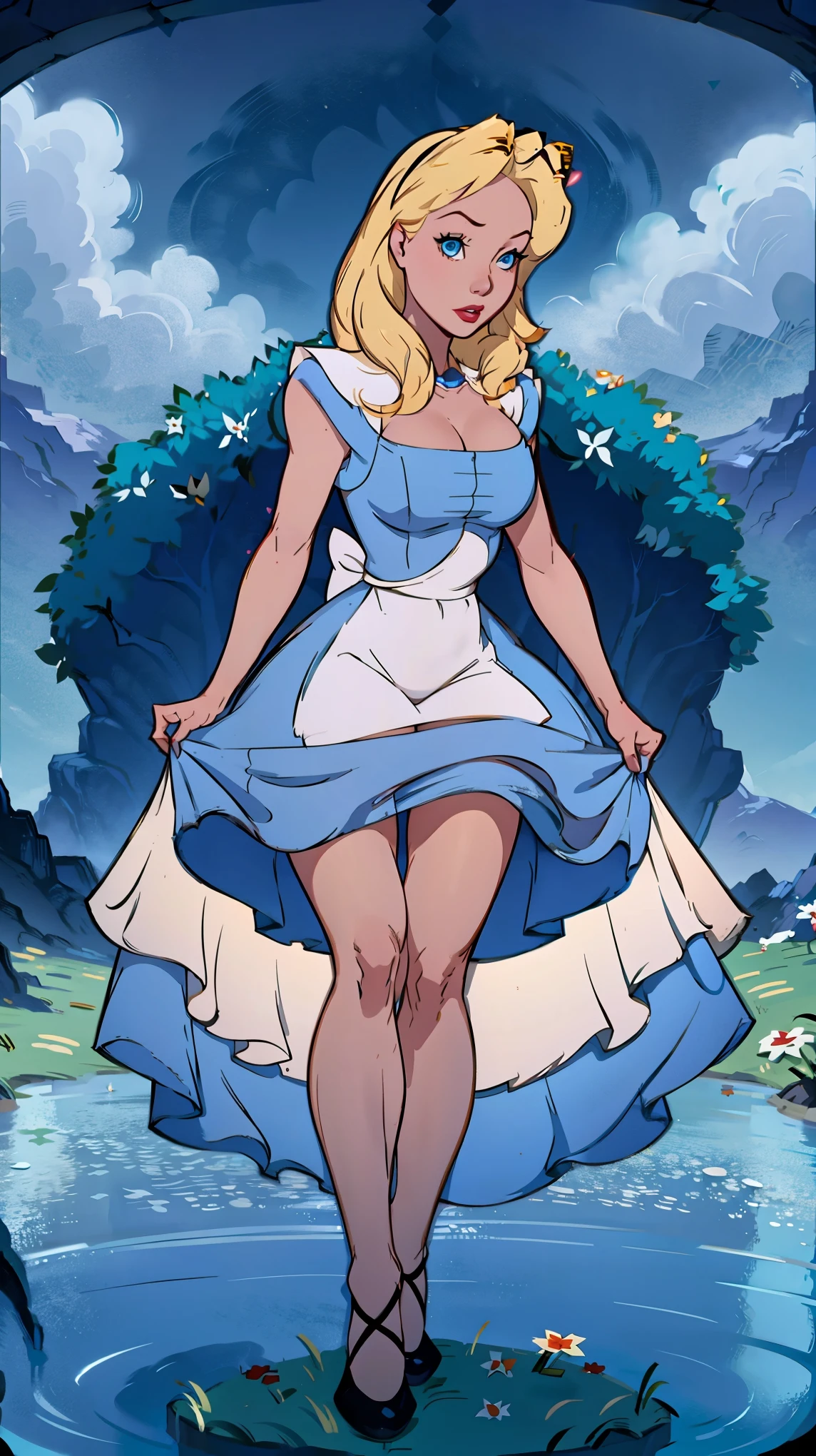 Alice Wonderland, Short transparent blue dress , showing panties, Masterpiece, Best Quality, Large breasts, Blue eyes, Blonde Hair, Looking at viewer, posing sexy