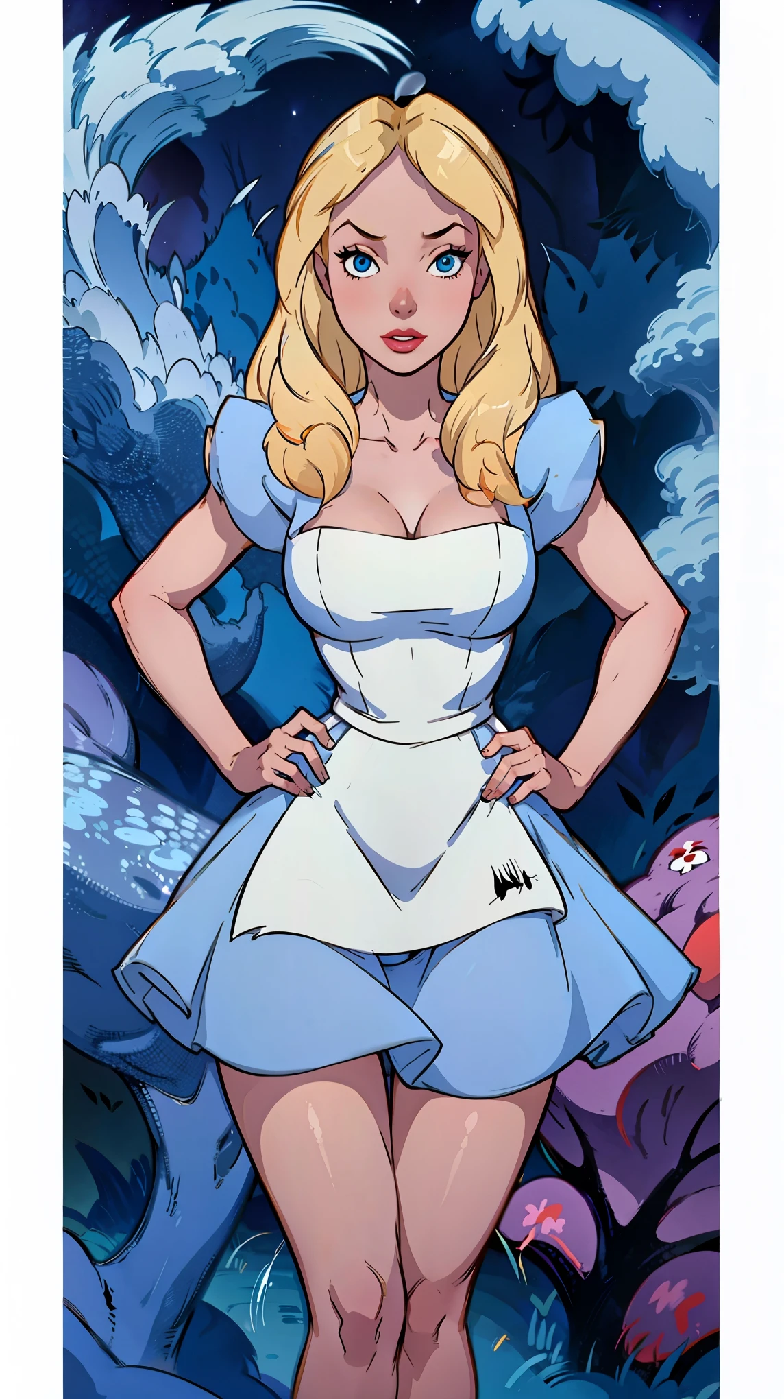 Batman transforming into a sexy female bimbo Alice with huge breasts and thick lips