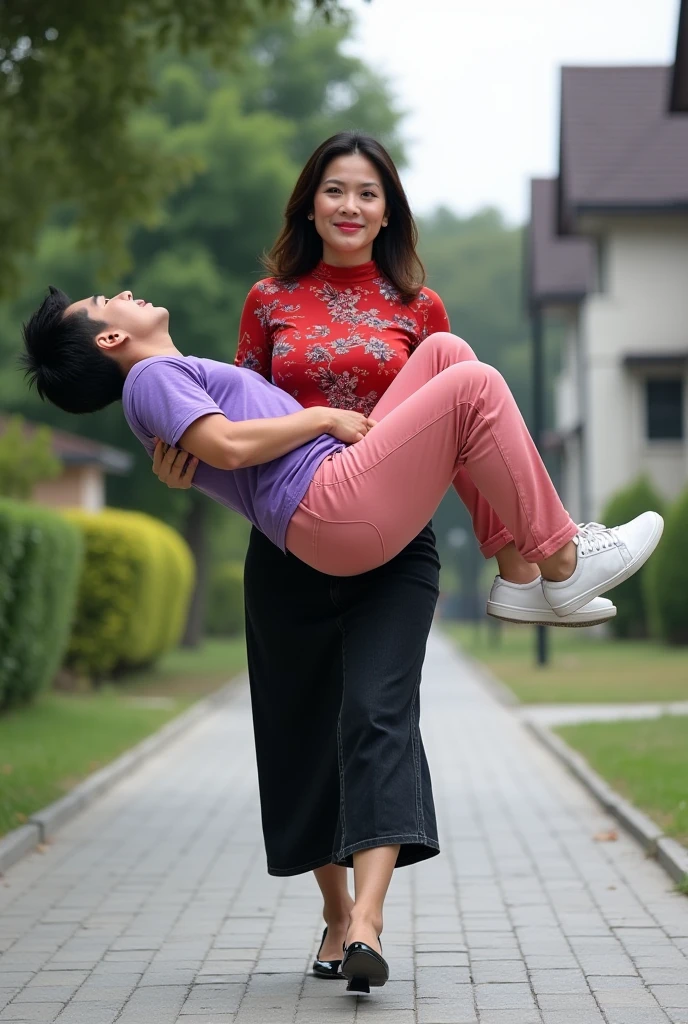 A 42-year-old beautiful mature woman with a toned face wearing a volleyball uniform, pantyhose, and the world&#39;s most erotic and sexy gym uniform leotard with an 8-year-old boy holding hands in a shopping district.、plump body、big breasts、Generate plump glamorous images of twin tails。