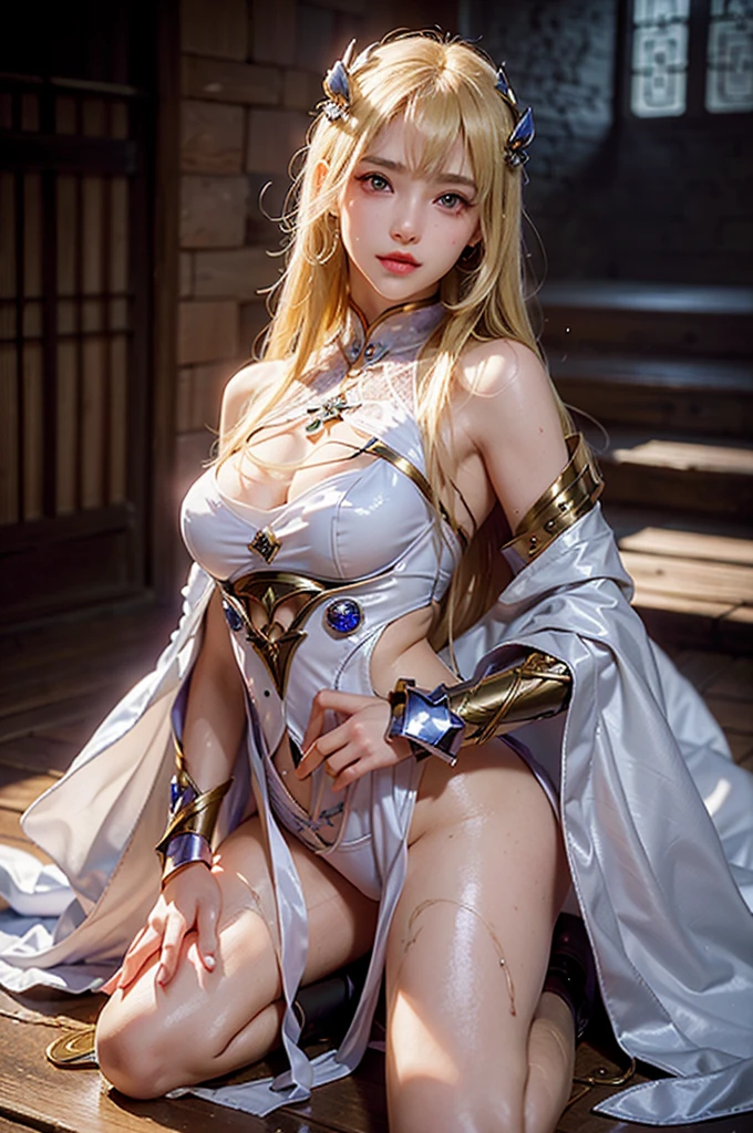 (photo realistic1.2),ultra detailed,(8K),(1girl),(Fantasy World:1.5),(wooden house),(bed),Clothing with low sheen,(warrior Costume:1.5),warrior items on the wall,warrior gear,(warrior Hat),skirt,topless, (small nipples), (big breasts: 1.2),nude gravure, beautiful Japanese, clothes in disarray,earrings,moderate muscle tone,(from above:1.5),(looking at viewer),(kneeling pose),smirk,(upper body),(spread legs:1.2),(white hair),(straight hair),(bun hair),26years old, 