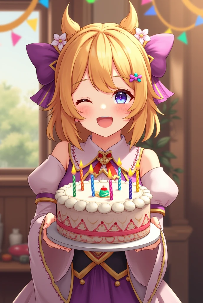 Yotsuba Nakano dressed up as Fischl from genshin, Yotsuba holding a birthday cake, Fischl dress, organge bob hair, sparkling blue eyes, happy smile, laugh, sweet face, tender, lovely, 4k, perfect quality, excellent fusion, excellent character design, orange hair, two sections hair are tied into side twin tails, shoulder length orange hair, black ribbons, The rest of hair is left loose, black eyepatch, sleeveless black lace dress-like leotard, black lace collar, purple bow tie, crosses stitched in, black and violet tailcoats, bright colors, pastel coloured image, vivid colours, light colours, simple background, magic hill background, splendid nature, natural light, daylight, full body, full shot, dinamic pose, holding birthday cake in her hands