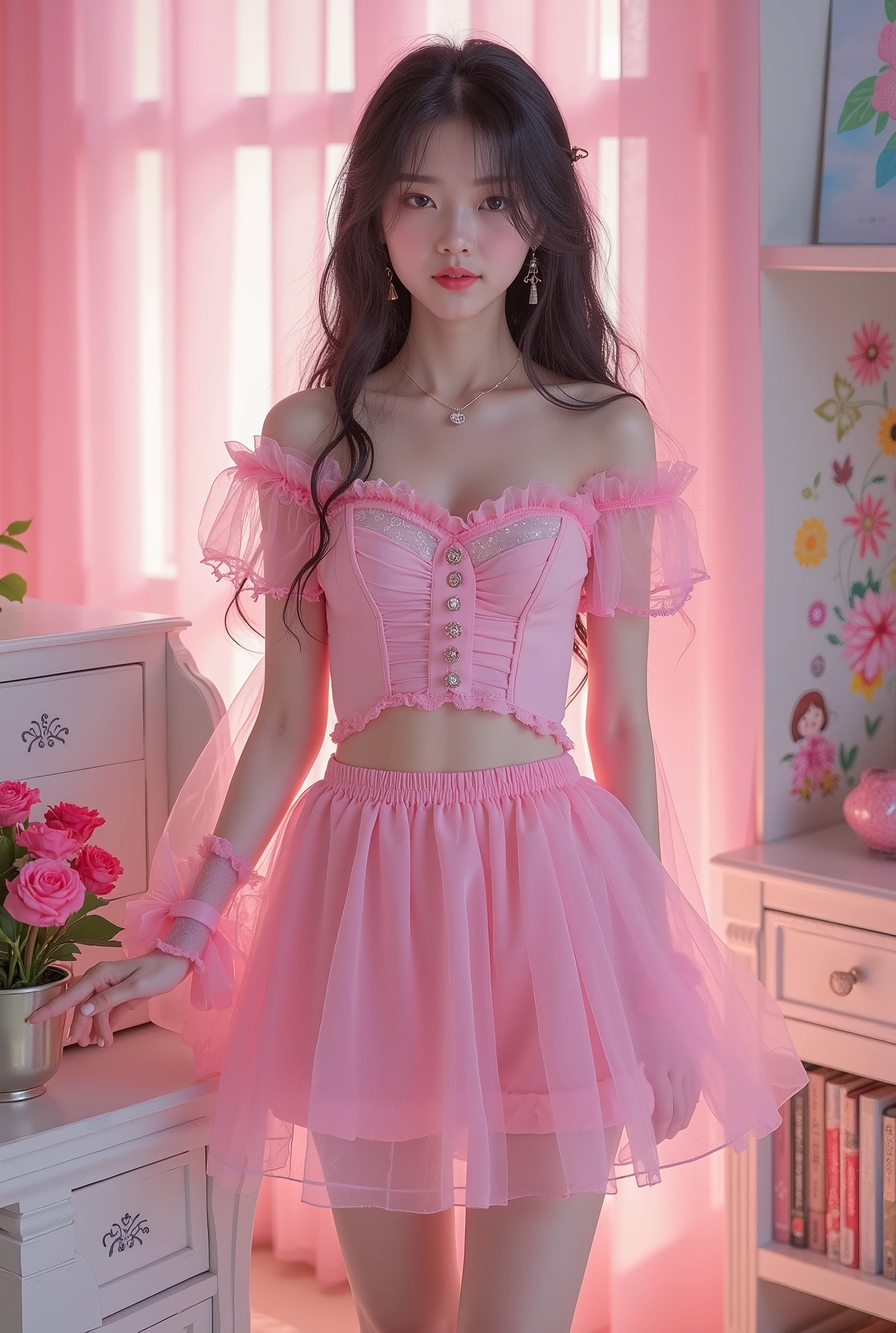 侧身Standing,Fair beauty,Nine-head body, High target,Beautiful posture ,A girl wearing a pink off-the-shoulder short top,The top is made of neon smoke, Exquisite buttons on the chest , Transparent pink elastic cuffs , Underwear is decorated with sequins and floral patterns 、 On the head is a pink multi-layered pleated skirt , Wearing white socks ,Socks are decorated with pink bows , Shawl Long Hair , Long black shiny hair hanging down on both sidesWoman , Standing, Comfortable interior environment, Colorful illustrations on the wall , A white cabinet with decorations and stationery in the right environment, Rotatable edging display , Warm and sweet lighting effect ,Highlighting the girlish feeling , Lotus Girl , with soft lines, Natural and elegant like flowing water, pretty girl,Ink painting-like atmosphere,Dream, surrealistic ,Stream of consciousness, smoke texture , minimalism ,illusory,Aesthetic ,smear,Brushed,Zen, Extremely refined, Ultra HD
