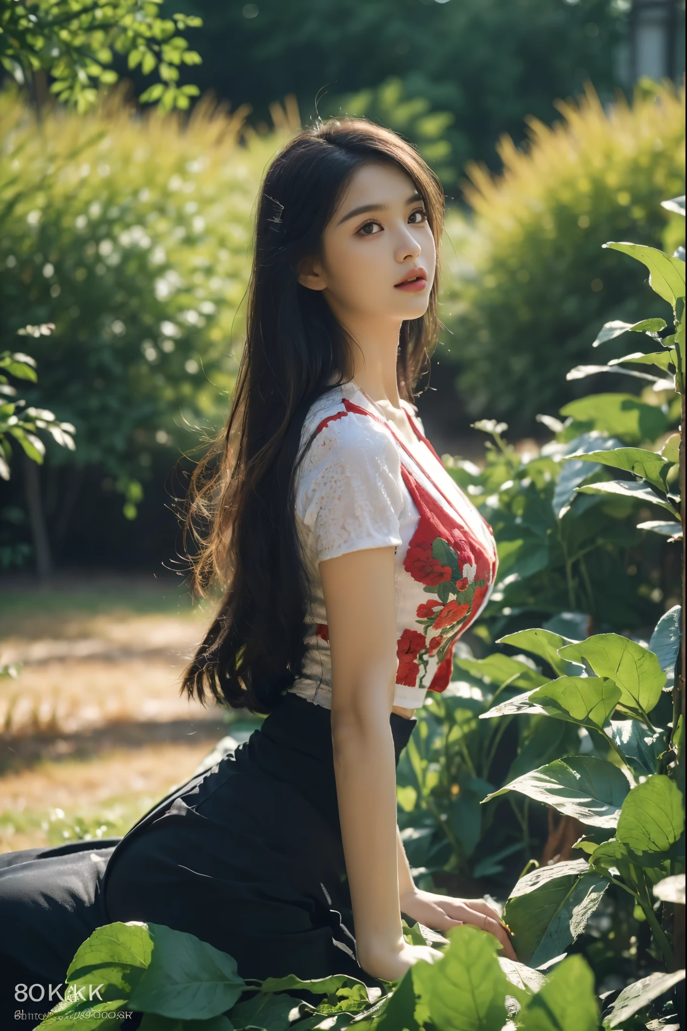((Best Quality, 8k, Masterpiece:1.3))), Crisp Focus: 1.2, (Beautiful Woman with Perfect Figure: 1.4) , multiple girls))),((((6girls))))、((6 girls))、The same face、matching  uniform、(acmm ls outfit, dark red acmm top, wearing acmm long skirt, dark brown acmm long skirt, printed skirt,)、Long black hair、((((Gigantic Breasts)))Raw photo、same person、Doppelganger、(group portraits), standing,ass focus  ,front view,In the floral plants forest background ,film effect 、best position,best composition, perspective view, ultra wide view,(best quality,4K,8K,highres,masterpiece:1.2),ultra-detailed,(realistic,photorealistic,photo-realistic:1.37),HDR,studio lighting,sharp focus,